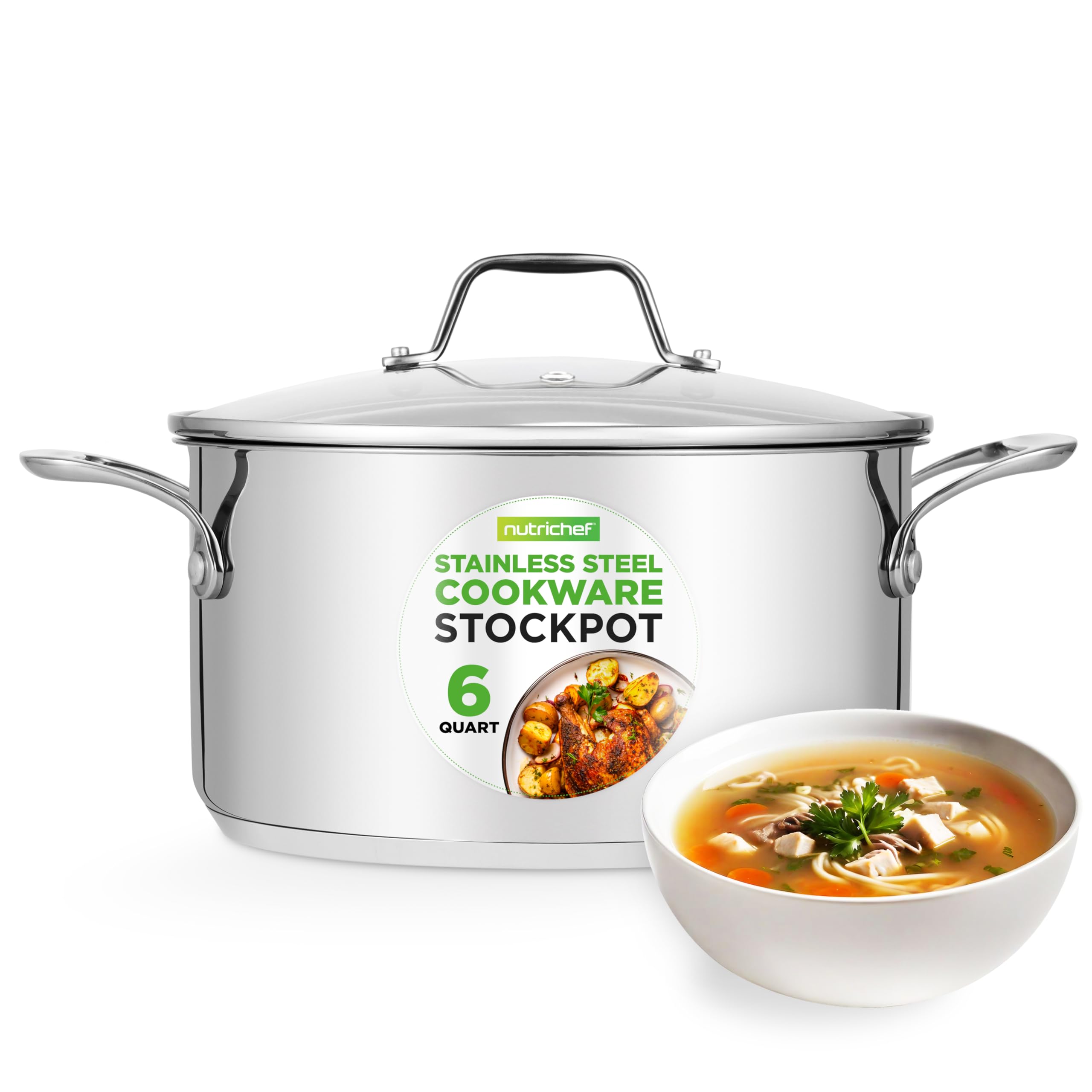 6-Quart Stainless Steel Stock Pot - 18/8 Food Grade Stainless Steel Heavy Duty Induction - Stock Pot, Stew Pot, Simmering Pot, Soup Pot with See-Through Lid, Dishwasher Safe - NutriChef NCSP6