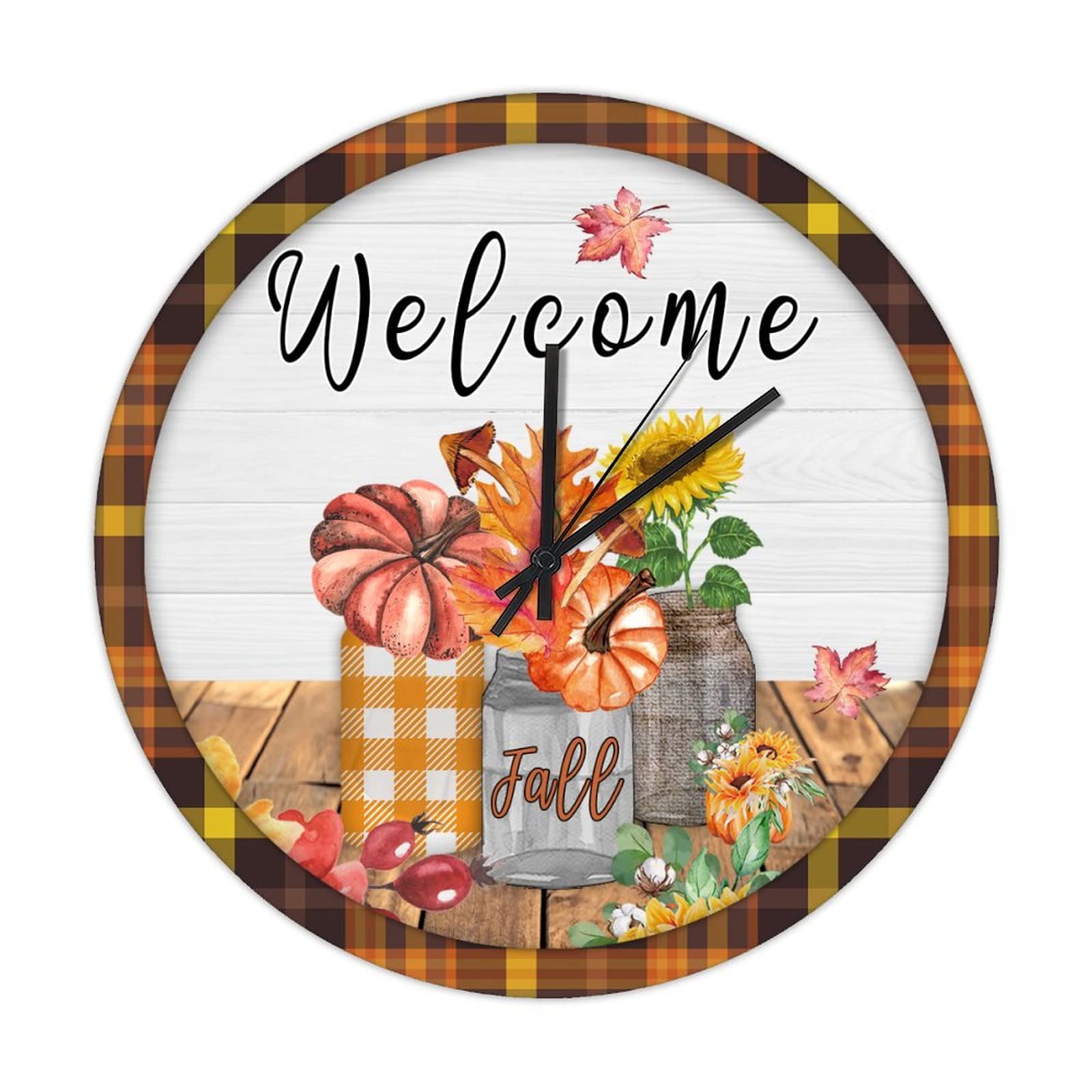 Horloge ronde en bois citrouilles d'automne orange rétro et silencieuse de 38 cm