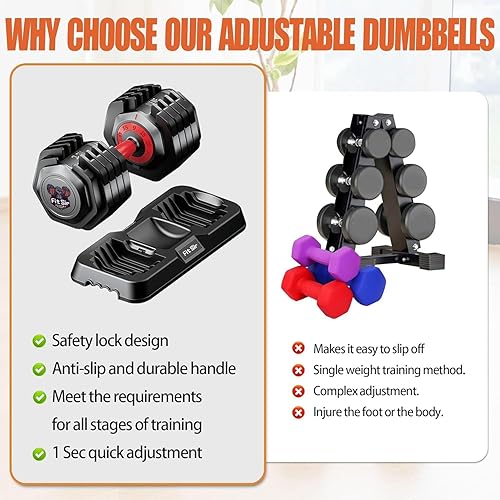 Miniatura 2 de Juego de mancuernas ajustables de 25/55LB, mancuernas de 10 en 1 con mango de textura antideslizante, equipo de entrenamiento de fuerza para hombres