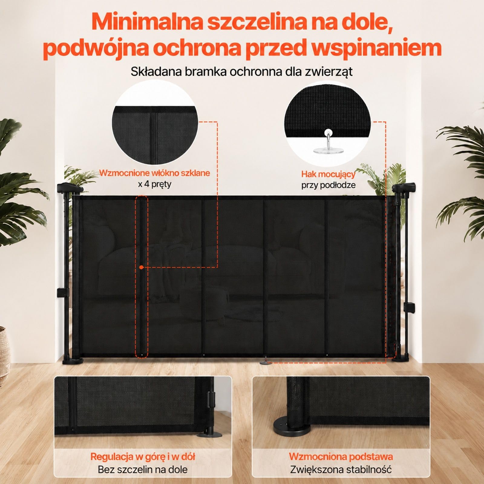 Rozkładana czarna bramka z siatki i ramą z włókna szklanego do drzwi, schodów, korytarzy oraz dla zwierząt