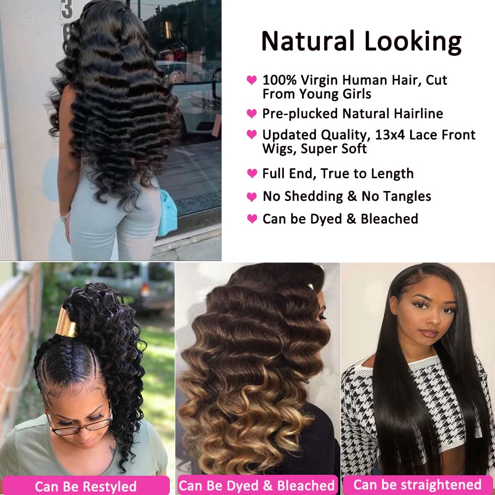 Loose Deep Wave Curly Lace Front Wigs Human Hair Pre Plucked 13x4 Lace Frontal Wigs for Black Women Natural Black (22 inch)