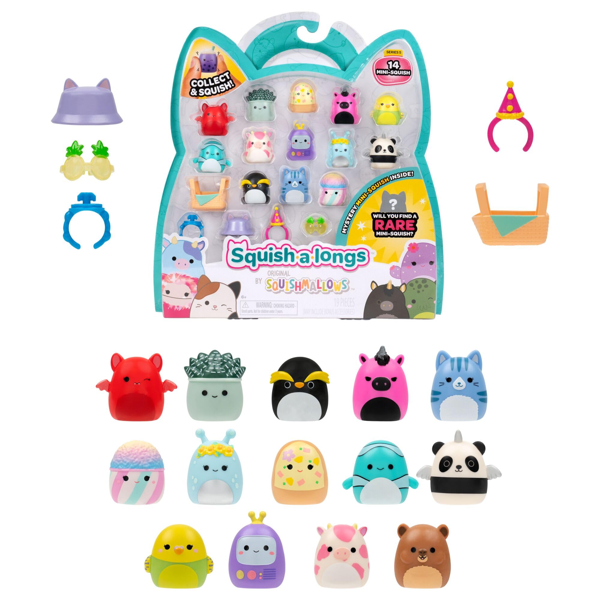 Squish-a-longs Mini-Squish 14-Pack (Wave 5, Style 1) includes Valentine the Red Bat, Kitty the Dark Pink Unicorn, Kayce the Unicorn Panda
