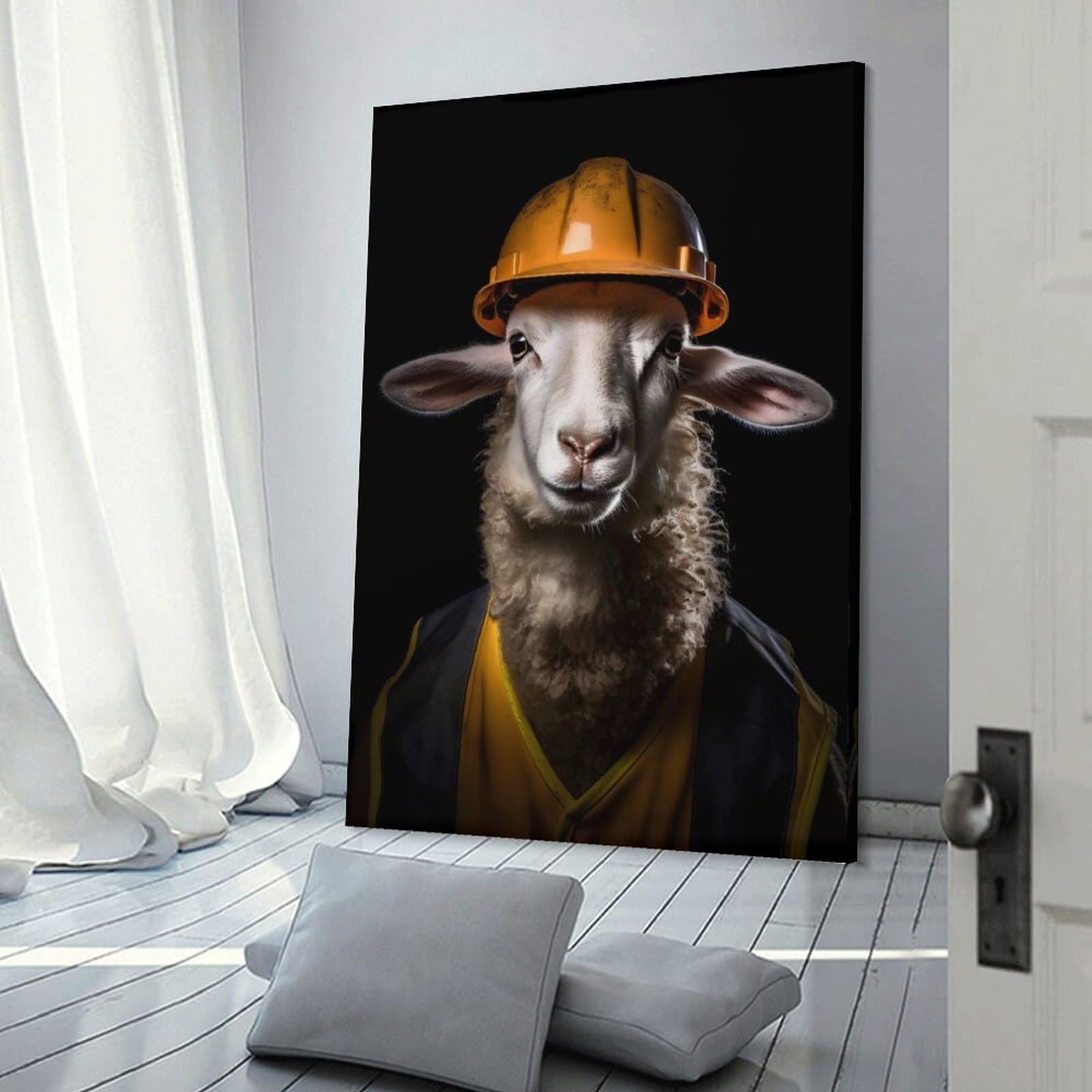 Junmoney Builder Sheep Wall Picture Print 24x36inch(60x90cm), for Corridors, Hallways Or Apartment Entries, Decorative Canvas Styling for Entry Areas