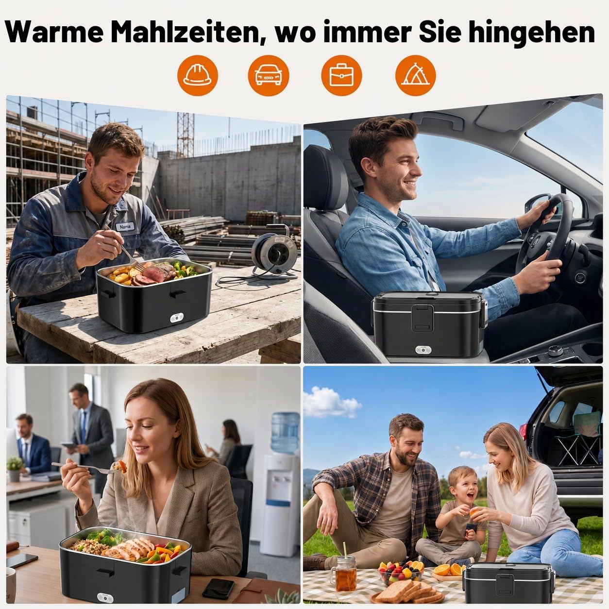 Elektrische Lunchbox 120W 1,8L 12V/24V/230V für Auto/LKW/Büro Auslaufsicher | Herausnehmbarer Edelstahl-Innenbehälter, Leicht zu Reinigen, Inklusive Gabel & Löffel, 0,45L Obstbox, Tragbar für Unterwegs