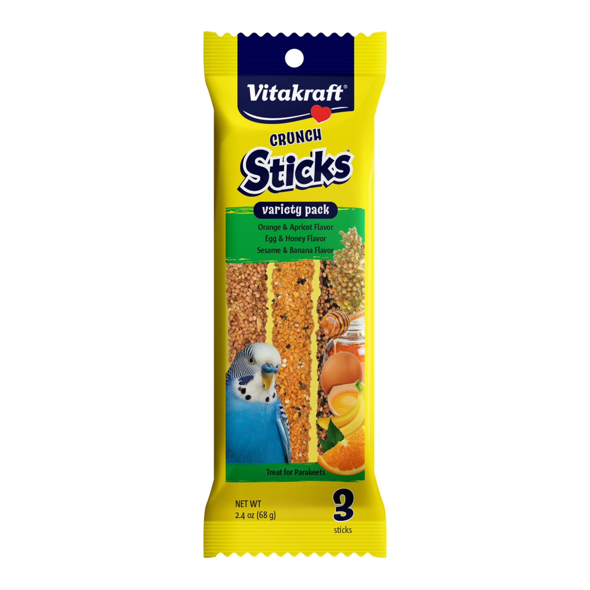 Vitakraft Crunch Sticks Variety Pack: Orange & Apricot Flavor, Egg & Honey Flavor, Sesame & Banana Flavor Treats for Parakeets, 2.4 oz