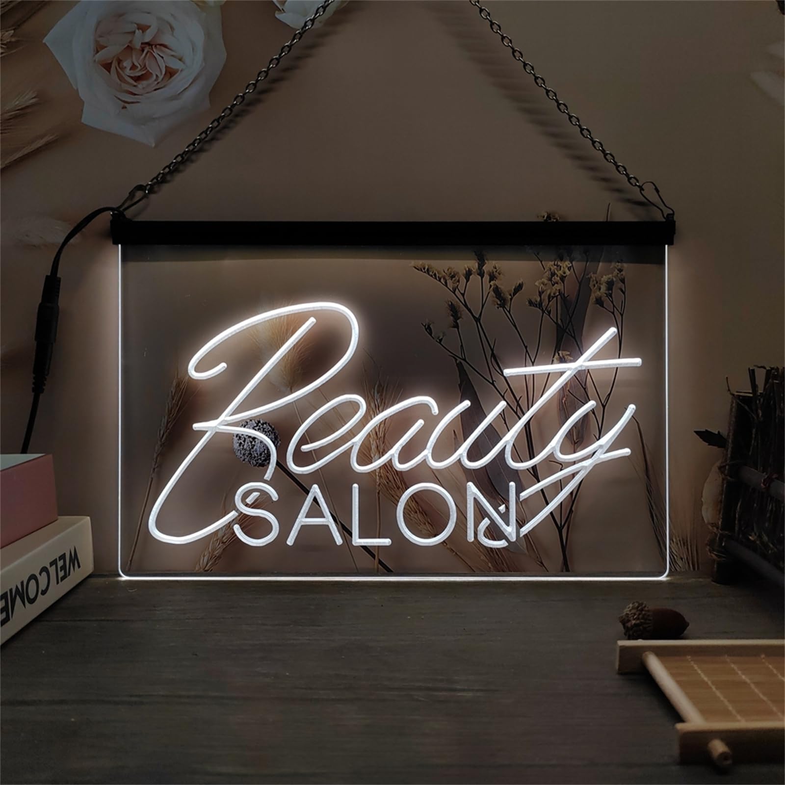 REWIS Beauty Salon LED Neon Signboard, Hair Nails Shop Neon Lights Wall Hanging Luminous Decor USB Powerd with Dimmer,White,60x40cm