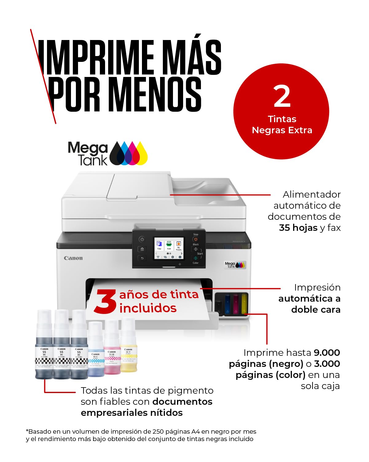 Canon MAXIFY GX2050 – Impresora MegaTank a Color, Copiadora, Escáner y Fax A4 | Hogar y Oficina | Conexión Wi-Fi, Ethernet y USB | Inyección de Tinta | Incluye 6 Botellas de Tinta