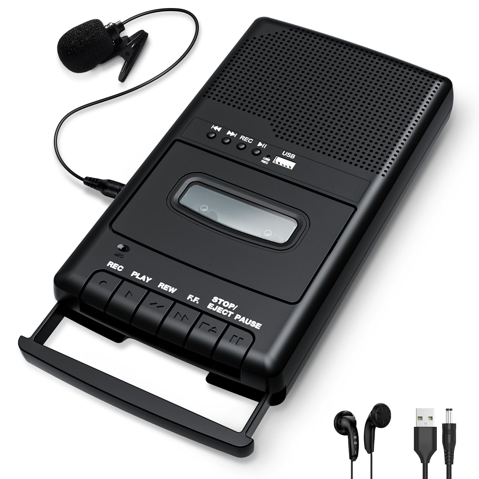 Photo 1 of Cassette Player Recorder & Converter,Recording to USB/Tape from Mic, Convert Tapes to WAV Digital via USB Drive, Portable Tape Player with Collar Mic, Retractable Handle, 3.5MM Earphone Jack, REM Port