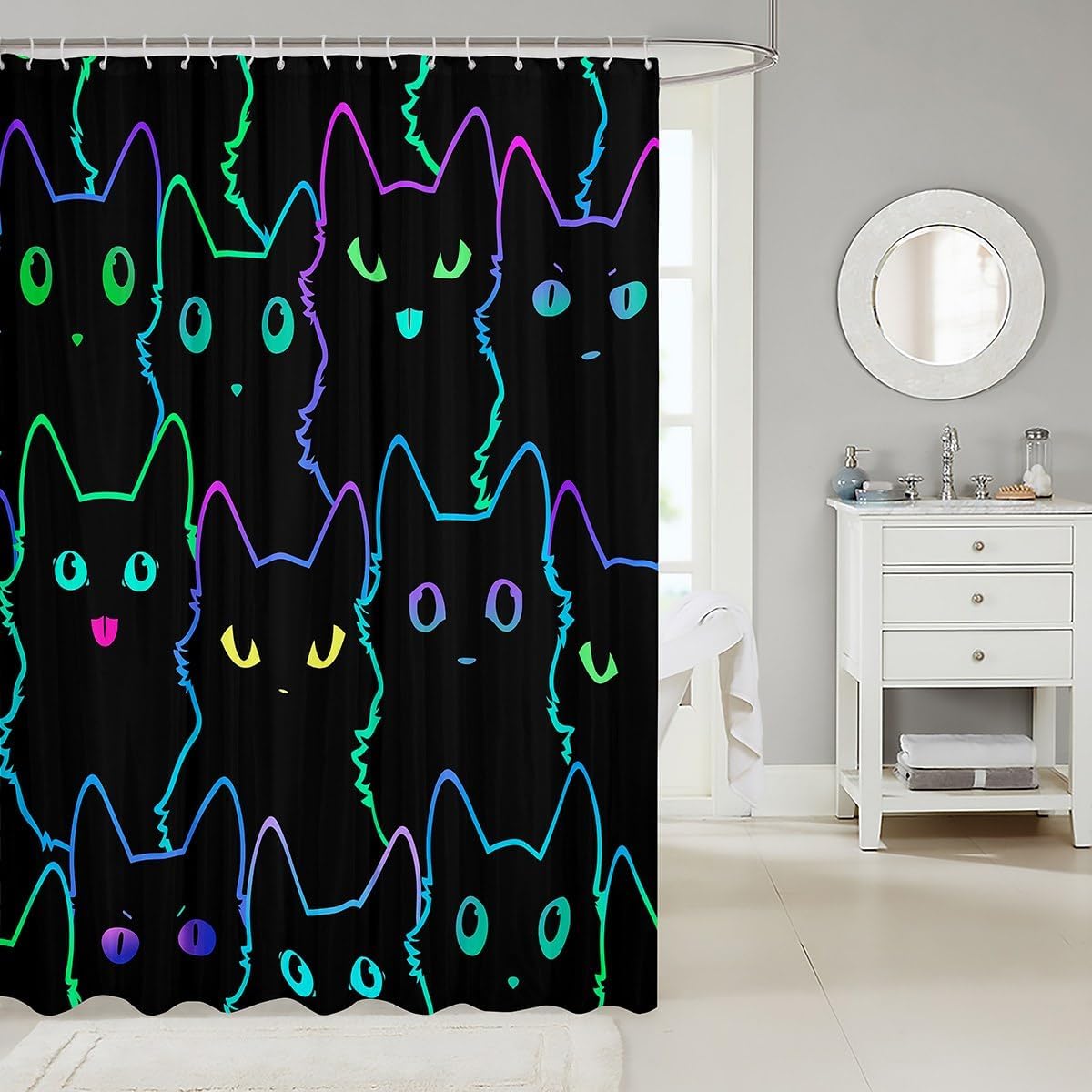 Erosebridal Neon Black Cat Shower Curtain for Girls Kids Boys,Colorful Funny Cat Bathroom Accessories Cute Bathroom Decor,Cartoon Cats Fabric Shower Curtain Gradient Line Bathroom Curtains 72" Wx72 L image 2