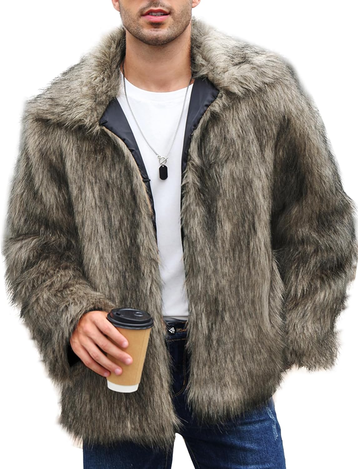 Flygo Mens Faux Fur Coat Winter Jackets Fluffy Lapel Long Sleeve Furry Fur Jacket Coats Thick Outerwear