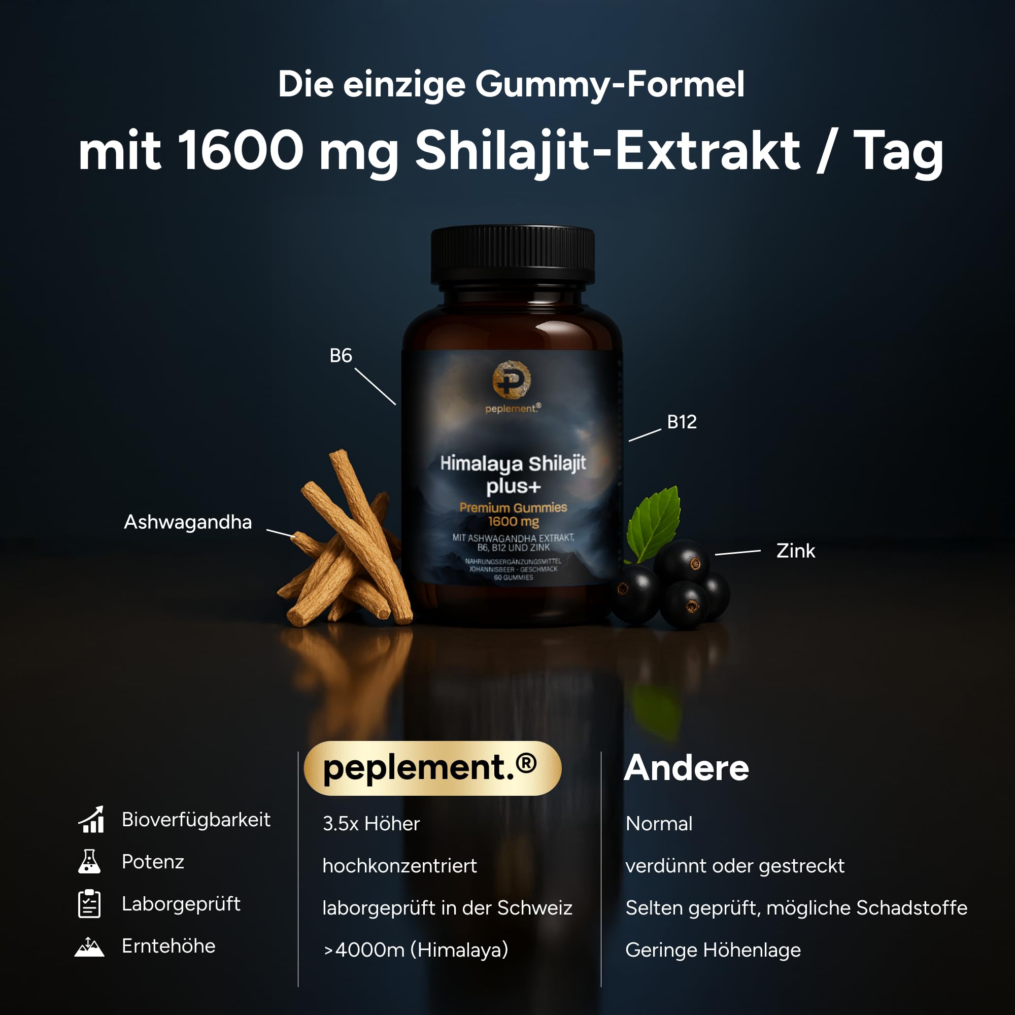 Himalaya Shilajit Plus+ Premium Gummies — 1600 mg | 60 Stück (Mumijo) Shilajit Gummi mit natürlicher Huminsäure, Fulvinsäure und Mineralstoffen, mit Ashwagandha Extrakt, B6, B12 und Zink