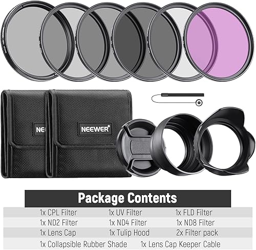 Miniatura 8 de NEEWER Kit de accesorios de filtro y lente ND2 ND4 ND8 UV CPL FLD de 2.638 in con tapa de lente a presión, parasol de lente en forma de tulipán,