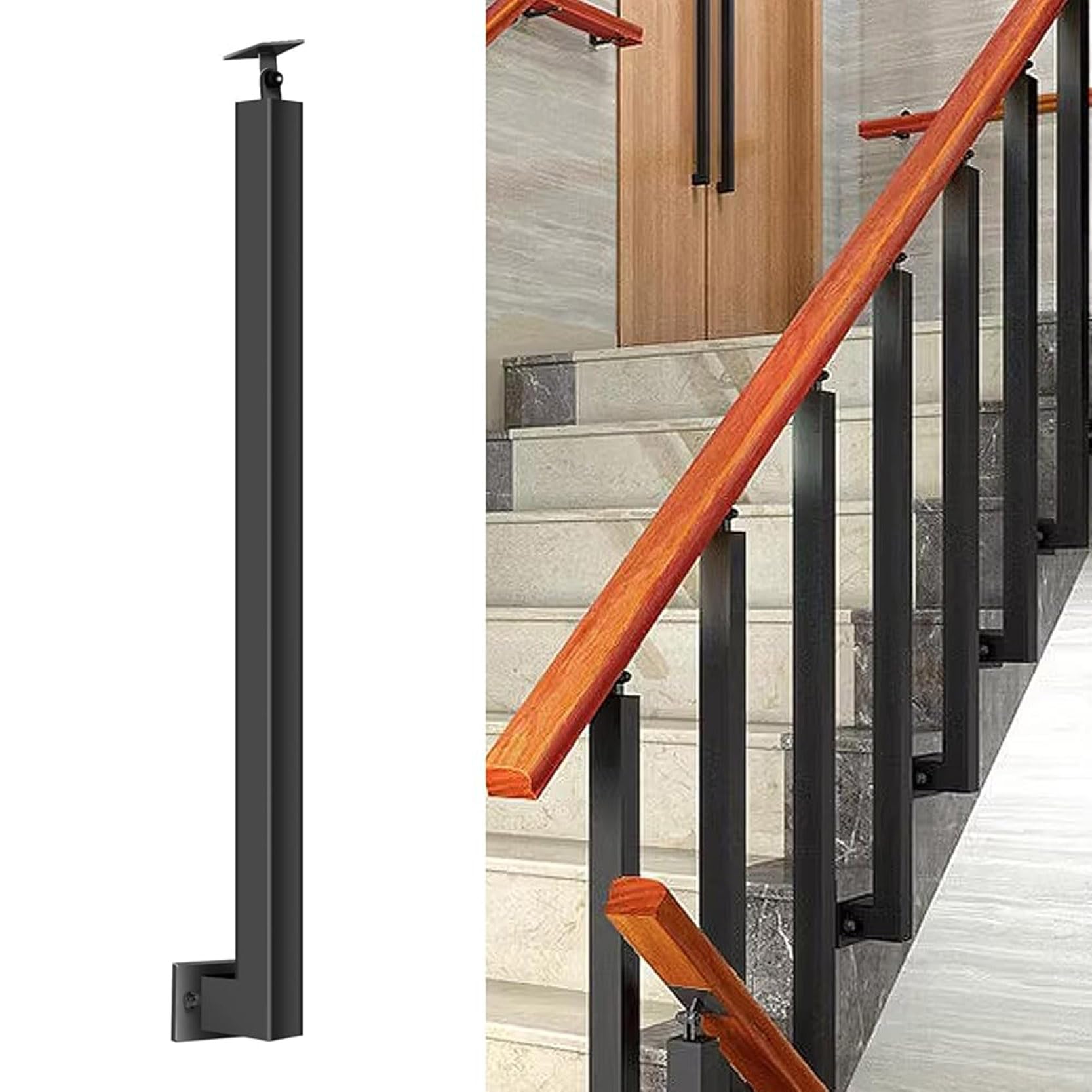 Square Stair Baluster Posts - 270°Adjustable Metal Railing Spindles with Flat Bracket Base,Indoor Stair Railing Kits for Attics Office Buildings Decks,Side Mount(Size:65cm/25.6in,Color:Black)