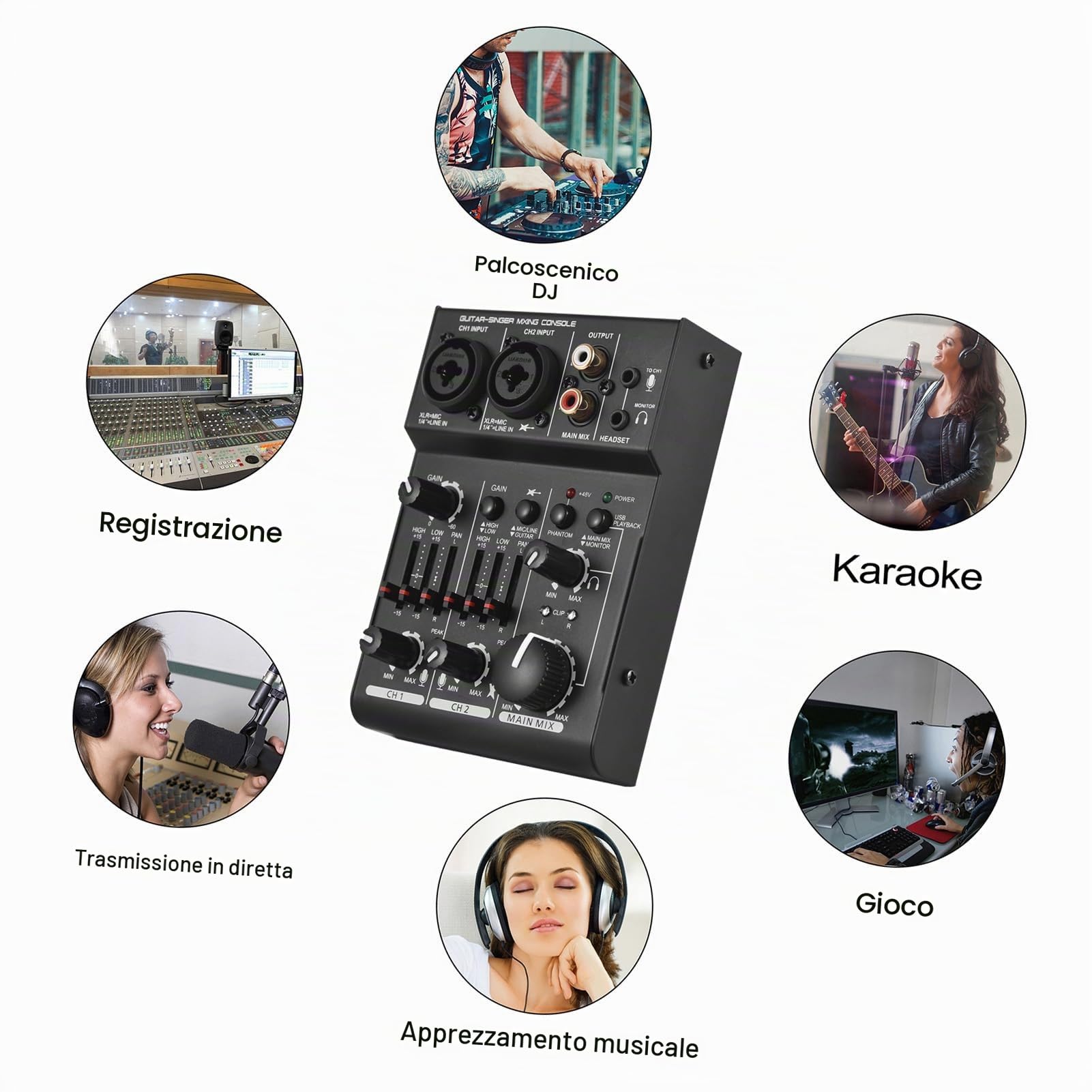 Wakects Mini Mixer di Schede Audio a 2 Q303 con USB, Feed Fantasma 48 V, Equalizzatore, Suono Professionale per DJ e Musicisti