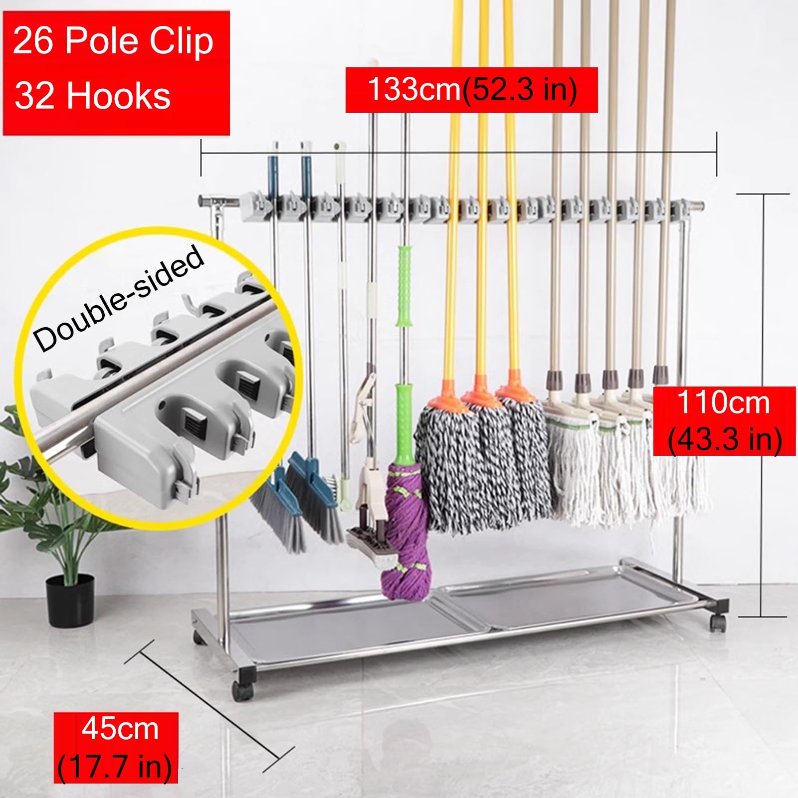 Portaoggetti per la pulizia della casa, organizer per scope da garage, con ruote, per giardino, capanno, casa, armadio, garage, cortile, mocio, gancio in acciaio inox, clip a 26 aste, 133 x