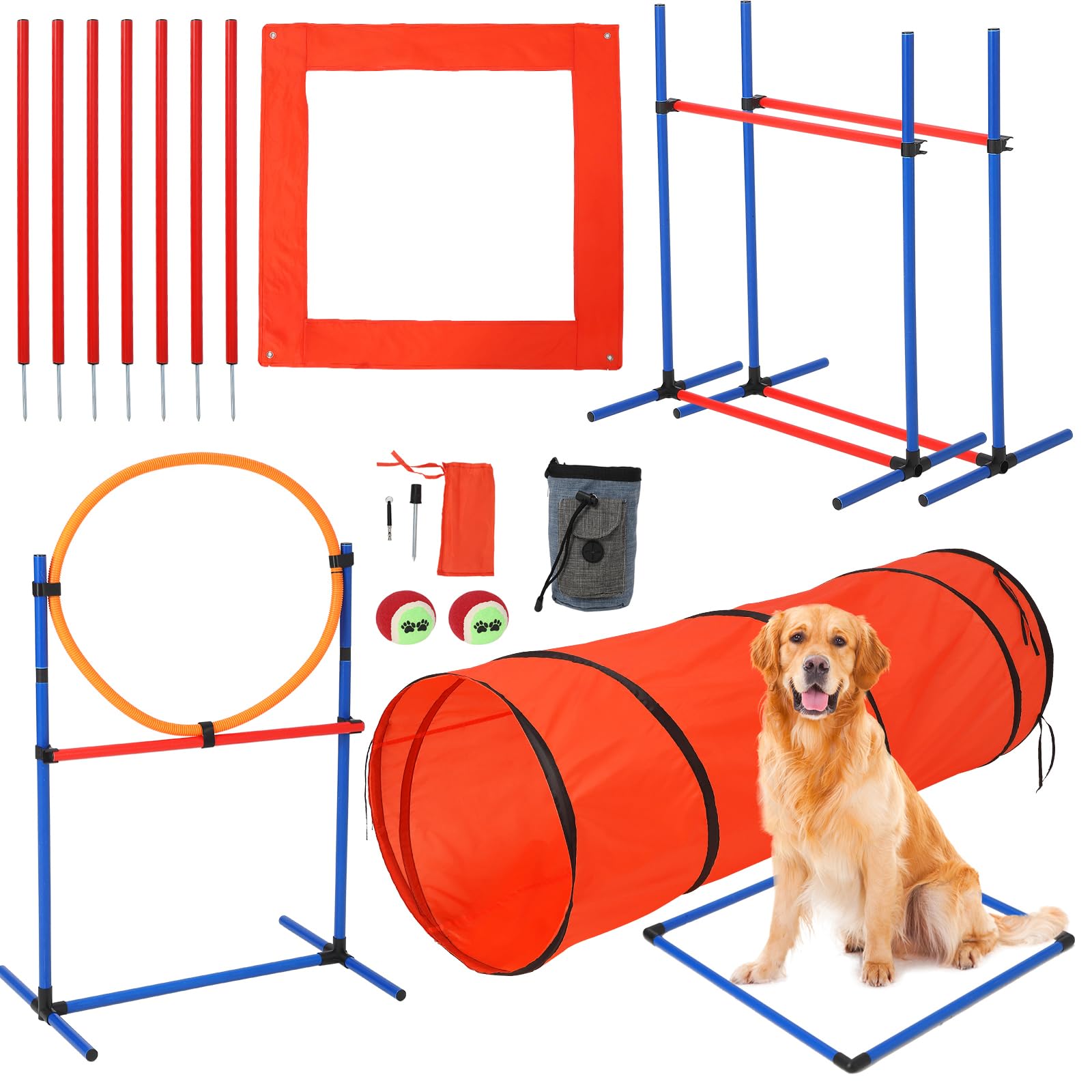 Dog Agile Training Equipment Set Outdoor Indoor,70" Tunnel + Tire Jump + Hurdle Jump, Weave Poles, Pause Box, 2 Toy Balls, 1 Whistle, Carry Bag, Premium Dog Obstacle Course Kit