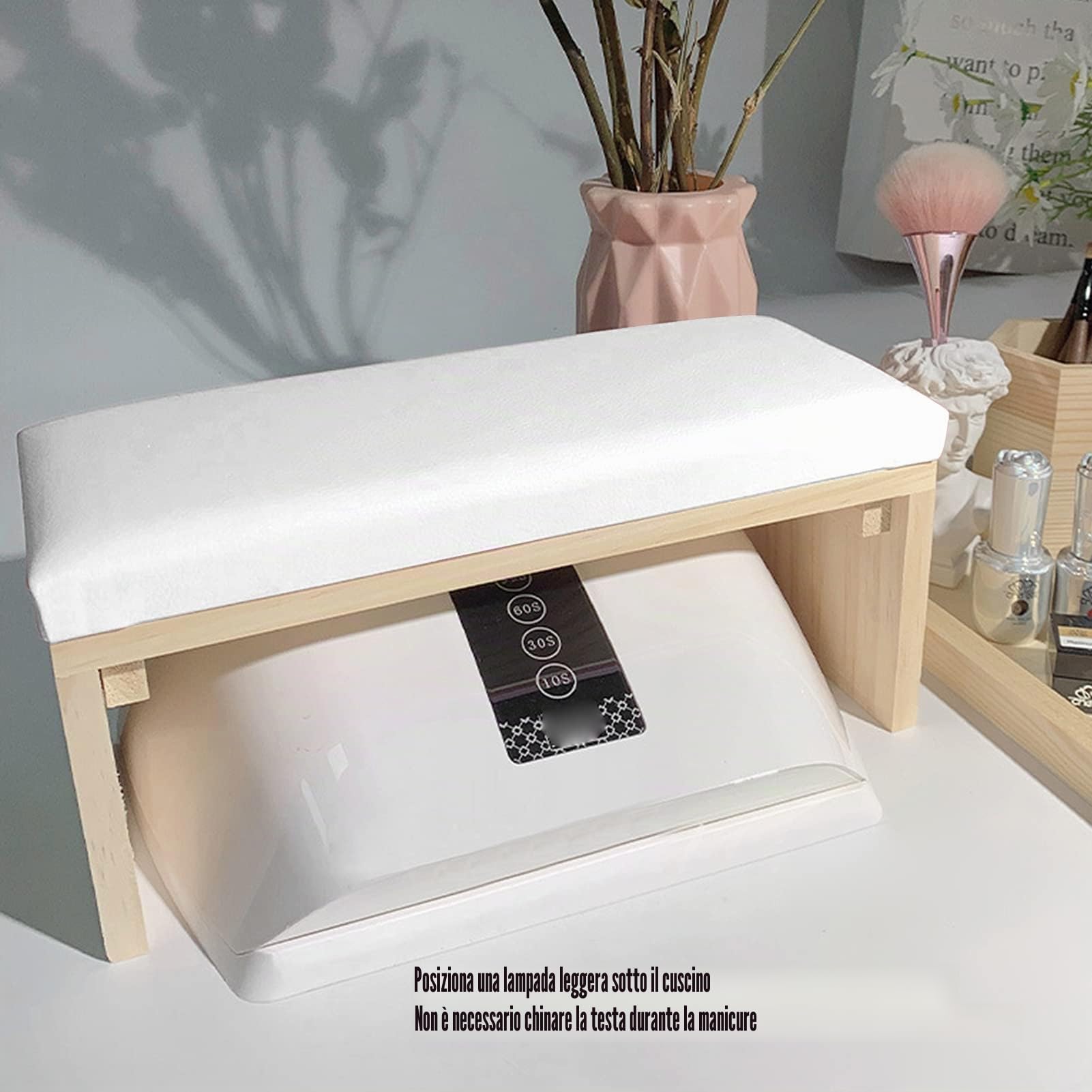 Poggiapolsi per Unghie con Supporto in Legno, Cuscino per Manicure in Pelle PU Morbida, Resistente, Bianco