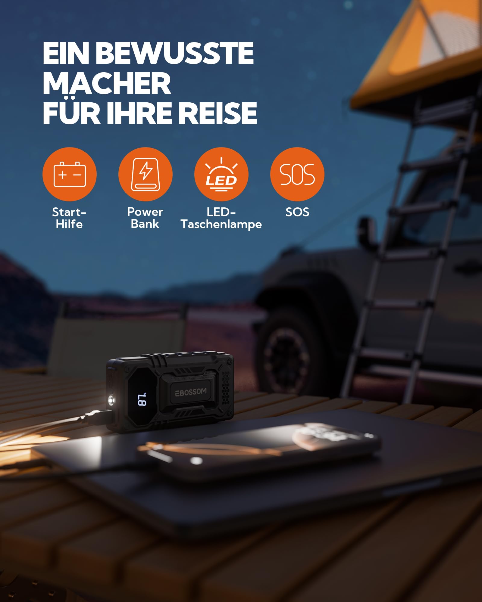 Starthilfe Powerbank für PKW 12000mAh,Jump Starter Auto 44.4Wh Auto-Starthilfe für 12V Fahrzeuge, Starterbatterie-Booster mit LED, Ladegerät Autobatterie mit Starthilfekabel, Überbrückungsgerät