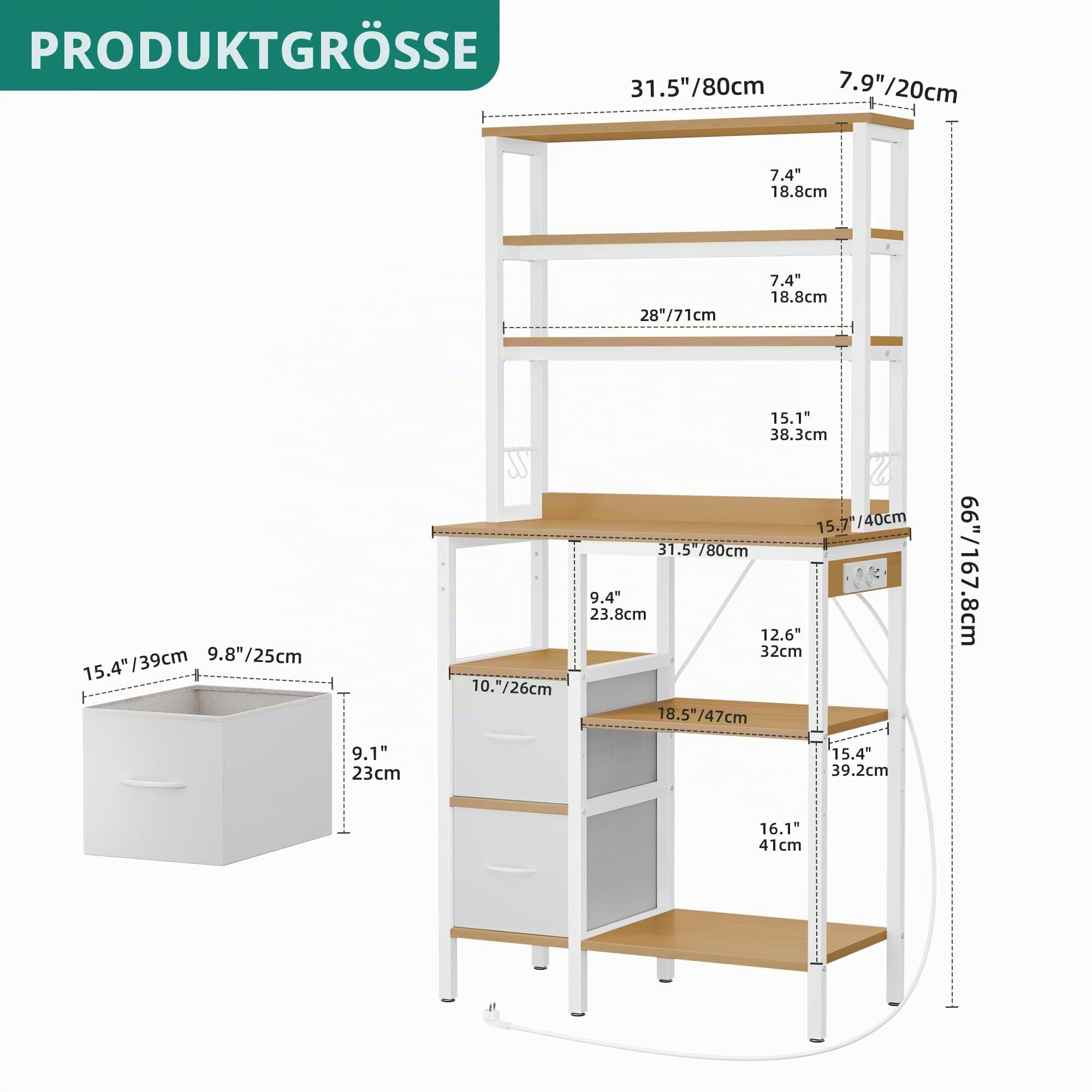 YITAHOME Küchenregal mit Steckdose, 2 AC-Steckdosen, 2 USB-Anschlüssen, Kaffeebar, Bäckerregal mit 2 Schubladen und 4 Haken, Mikrowellenregal, für Backofen, 80 x 39,9 x 167,6 cm, Eiche und Weiß