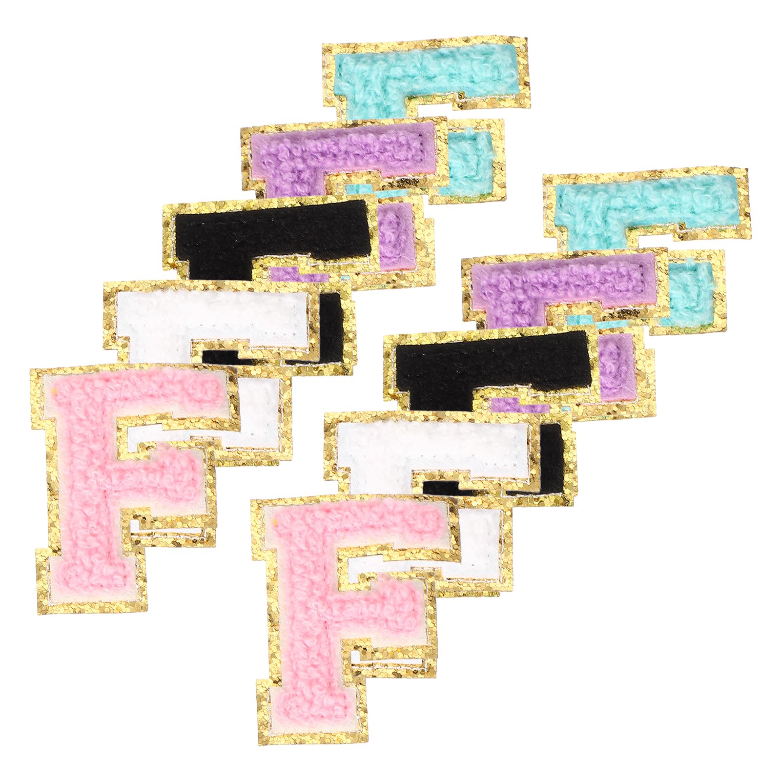 PATIKIL Chenille Letter Patches, 10 Pcs Iron on Letter Patch Letter Embroidered Patch Glitter Applique for Hat Jacket Clothing Bags DIY Decoration Backpack, Letter F