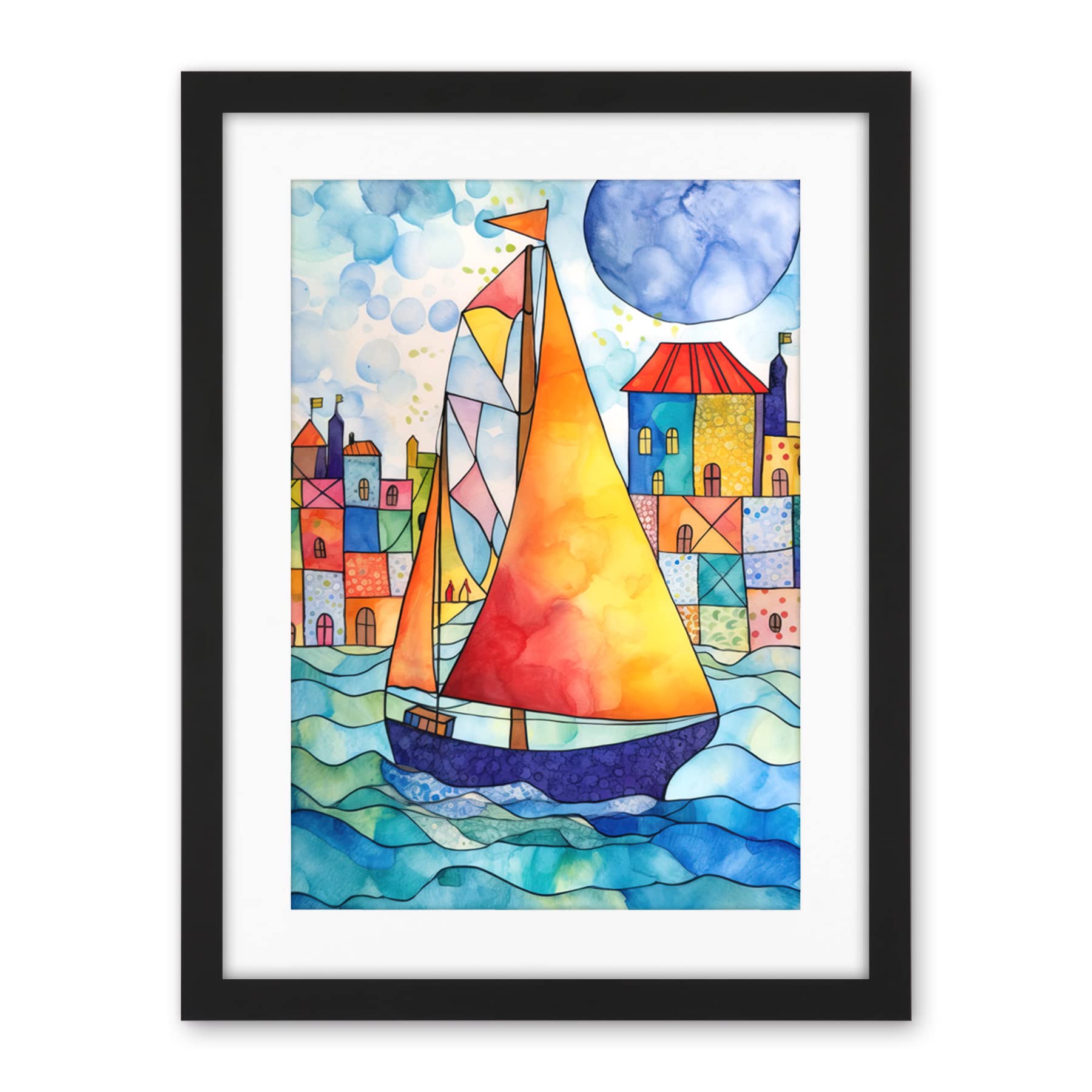 Artery8 Sailboat By Harbour Folk Art Artwork Framed Wall Art Print 18X24 Inch