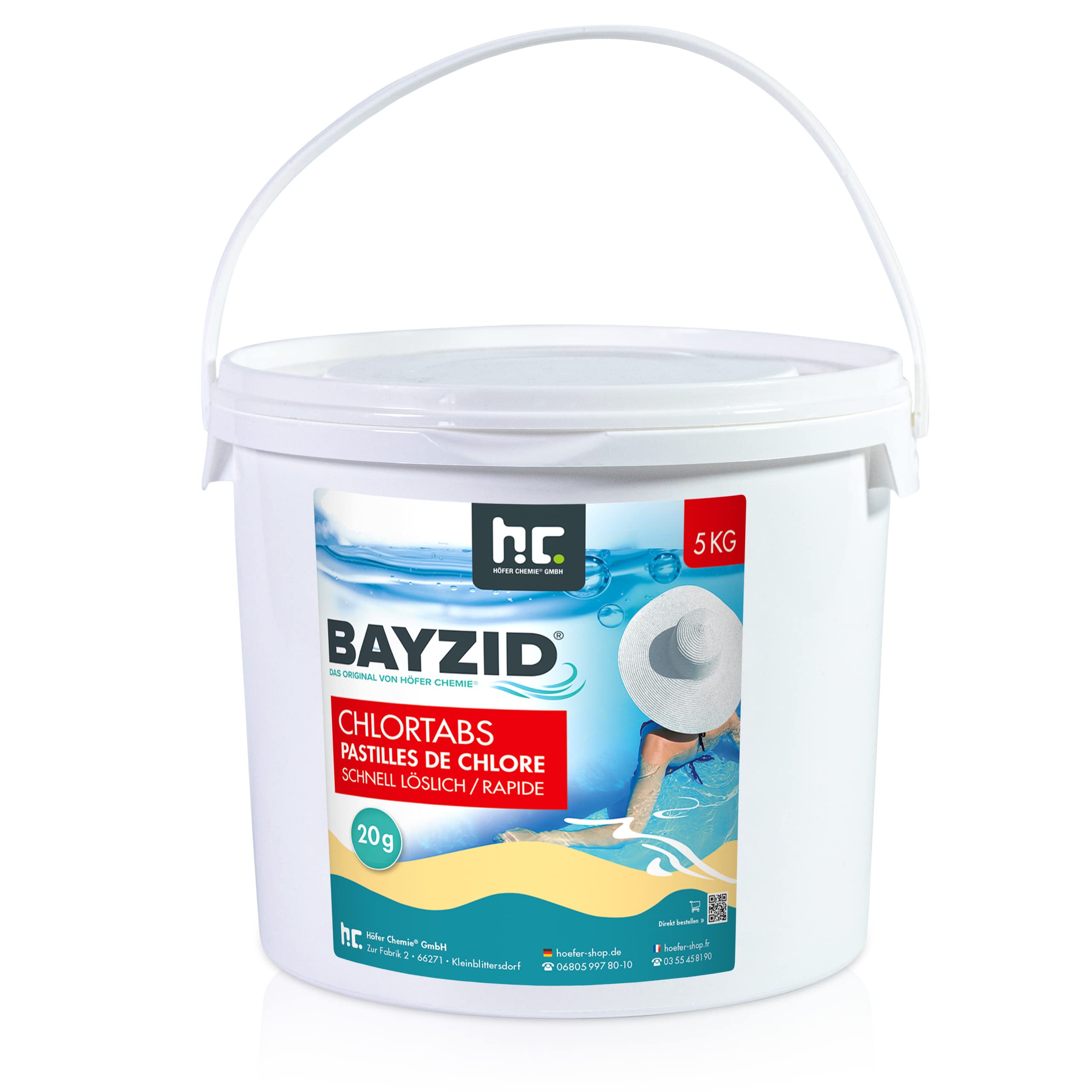 Höfer Chemie 1 x 5 kg Pastilles de Chlore pour Piscine 20 g, Hautement Efficaces, Rapidement solubles avec Une teneur en Chlore Actif de 56%, pH Neutre, sans Calcaire, Désinfection Puissante