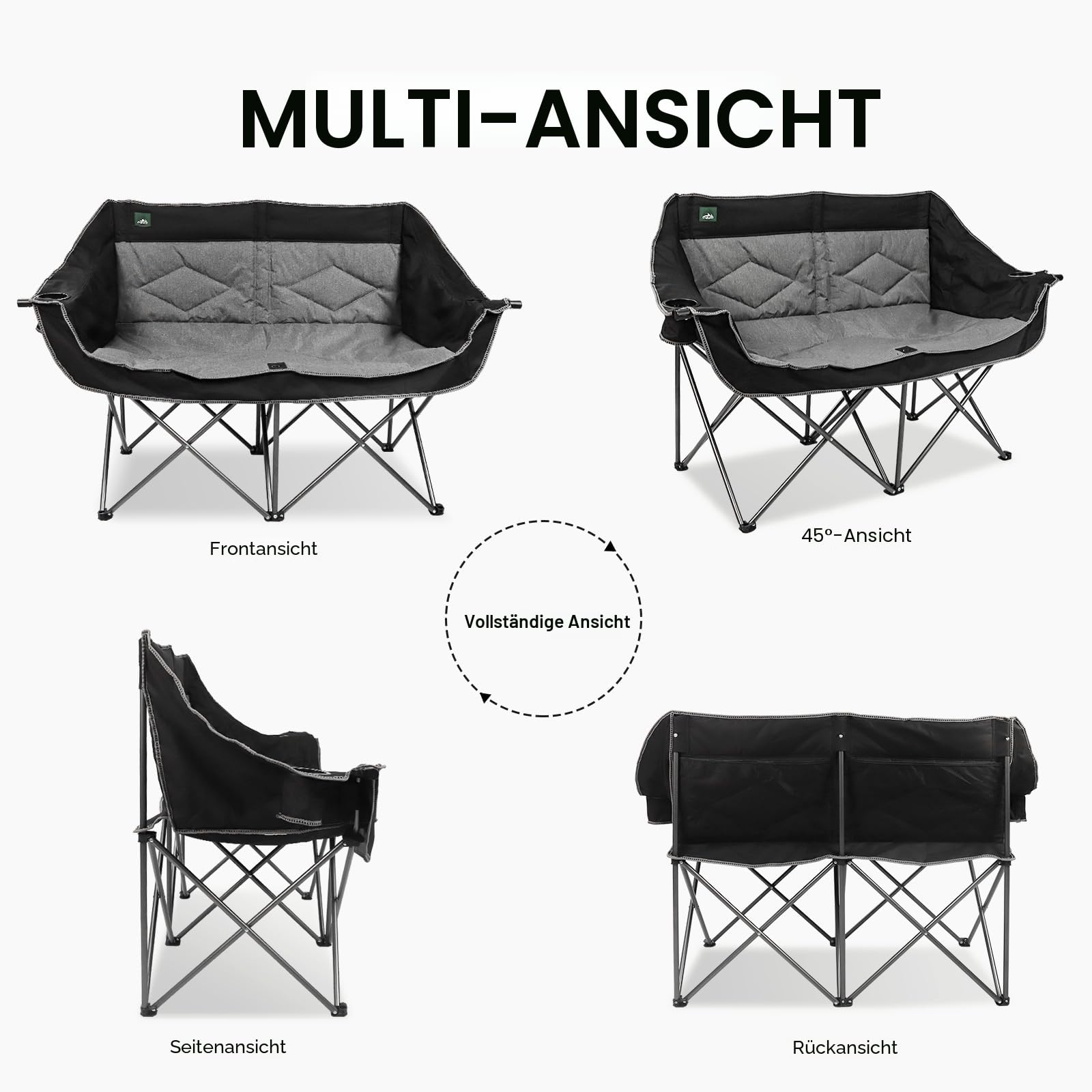 Northroad Folding Loveseat Camping Stuhl Portable Double Duo voll gepolsterte Gartenstuhl für 2 Personen Sofa w/2 Cup Holder, Weinglas Halter für Picknick Strand Reisen