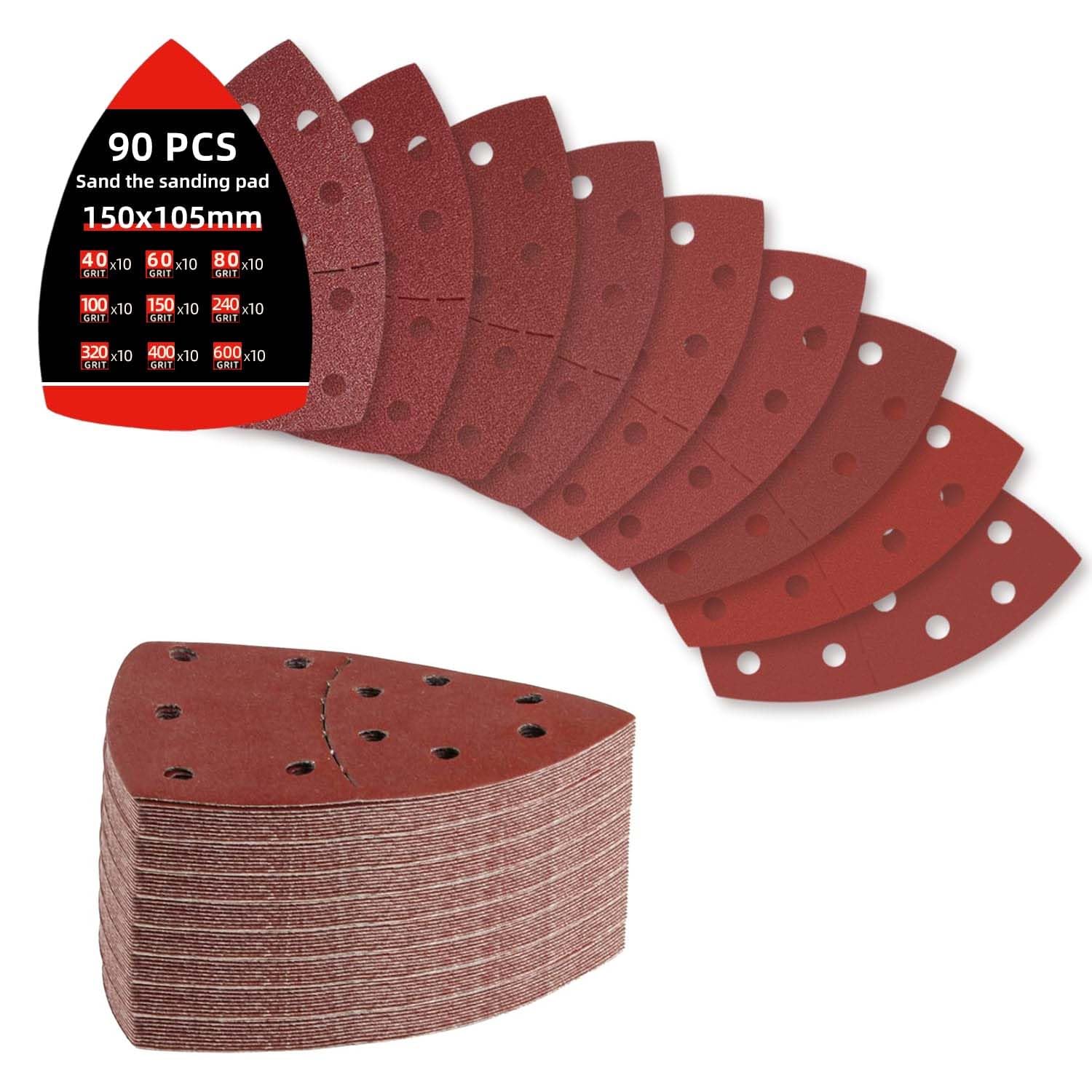 90pcs Sanding Sheets, Mouse Sander Pads, Multi Tool Sanding Pads, Loop Sandpaper Compatible with Bosch Electric Sander, Assorted Grits 40/60/80/100/150/240/320/400/600 for Grinding