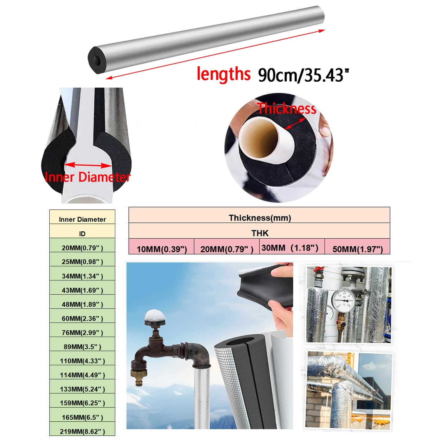 Aislamiento for tuberías Tubo precortado Aislamiento de Papel de Aluminio Tubo de Espuma Aislante Tubo Aislante Autoadhesivo Aislamiento for Aire Acondicionado(ID*TH-159 * 20mm/6.26 * 0.79in)