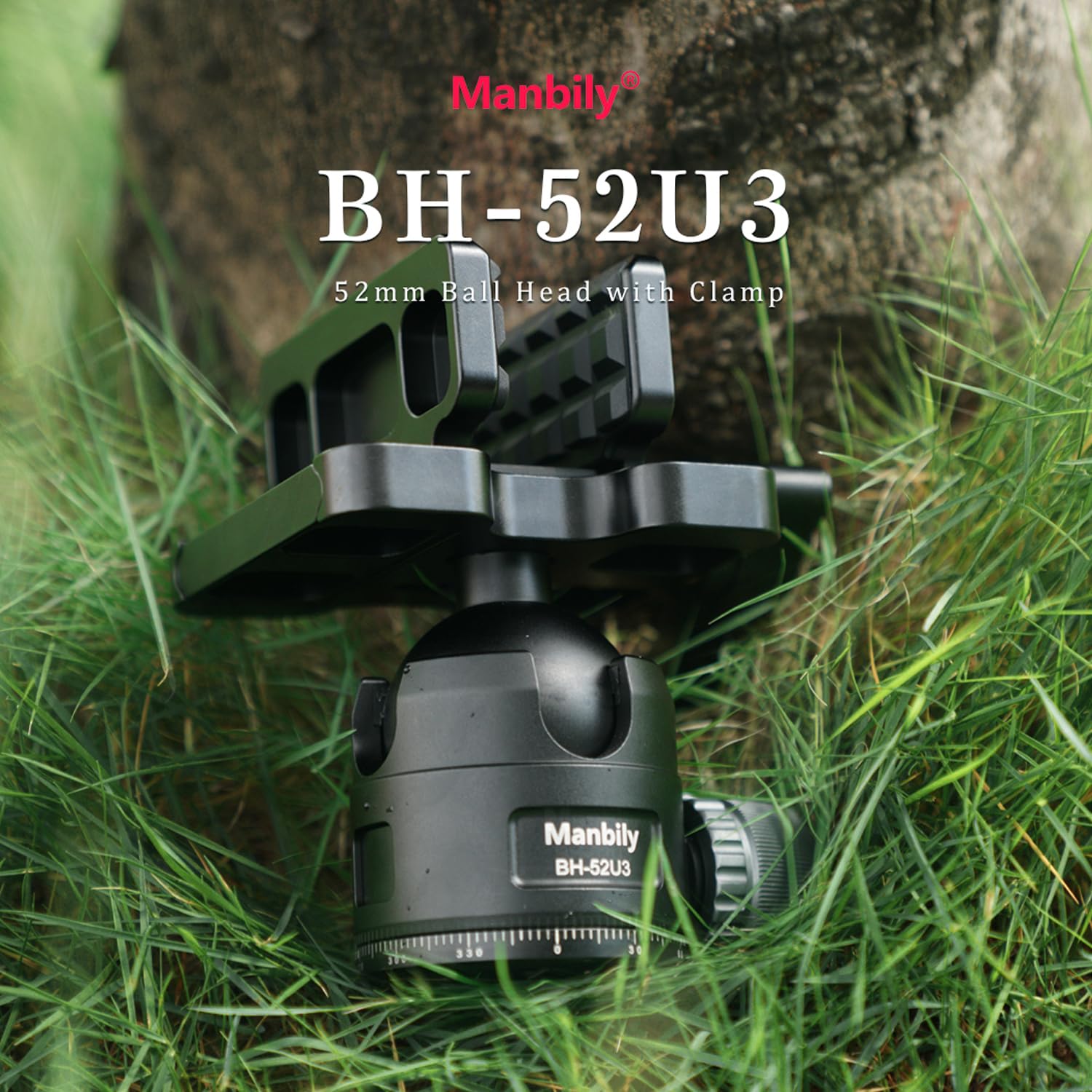 Manbily BH-52U3 Kugelkopf mit Klemme für Stative, Tripods, Monopoden, Niedriges Profil Dreibeinkopf mit 52mm Durchmesser, Sattel Montage 360° drehbar zum Schießen, Maximale Ladung 25kg