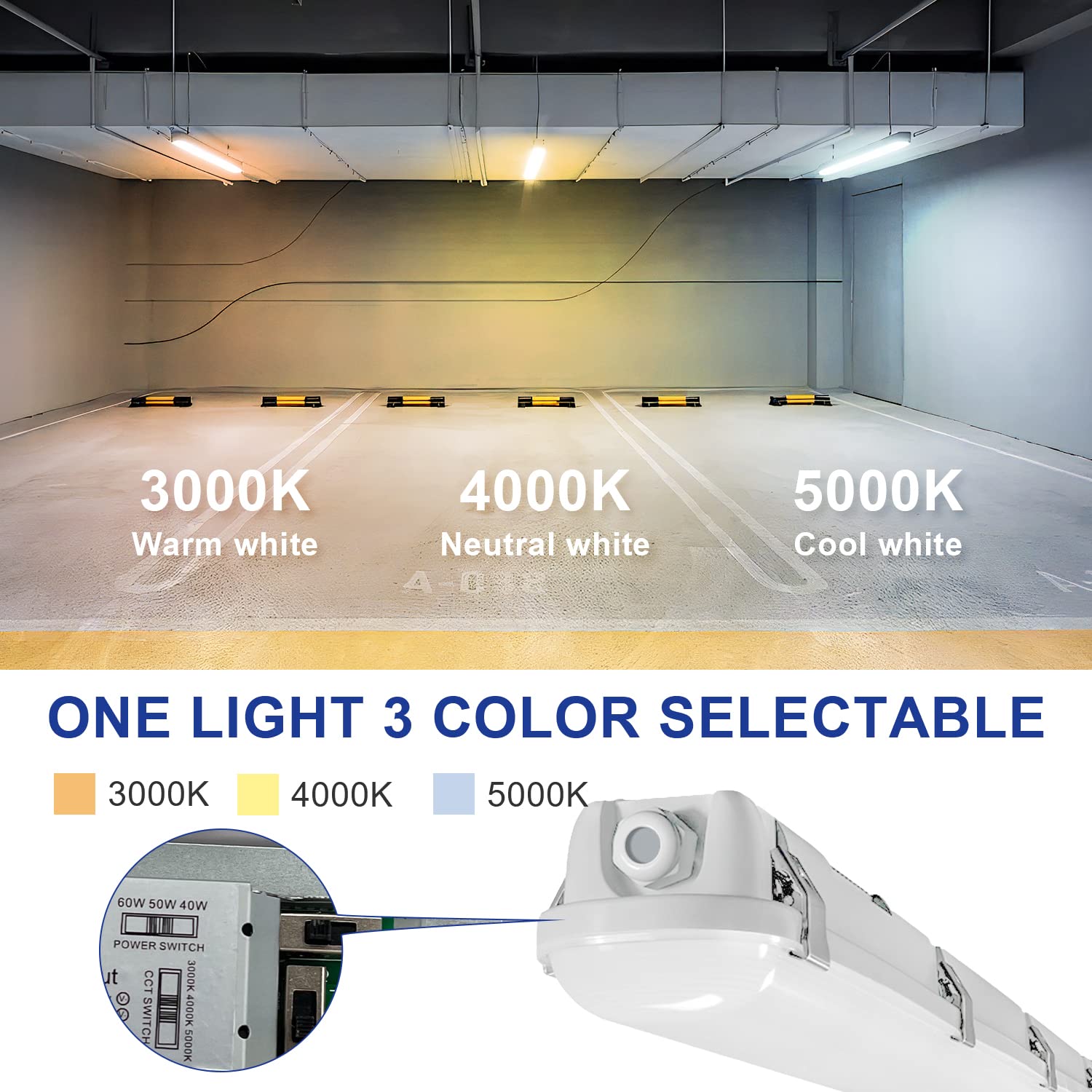 40W 50W 60W Power Selectable LED Vapor Tight Light 4FT 3CCT 3000k-4000k-5000k 7800LM Industrial Vapor Proof Parking Garage — view 2