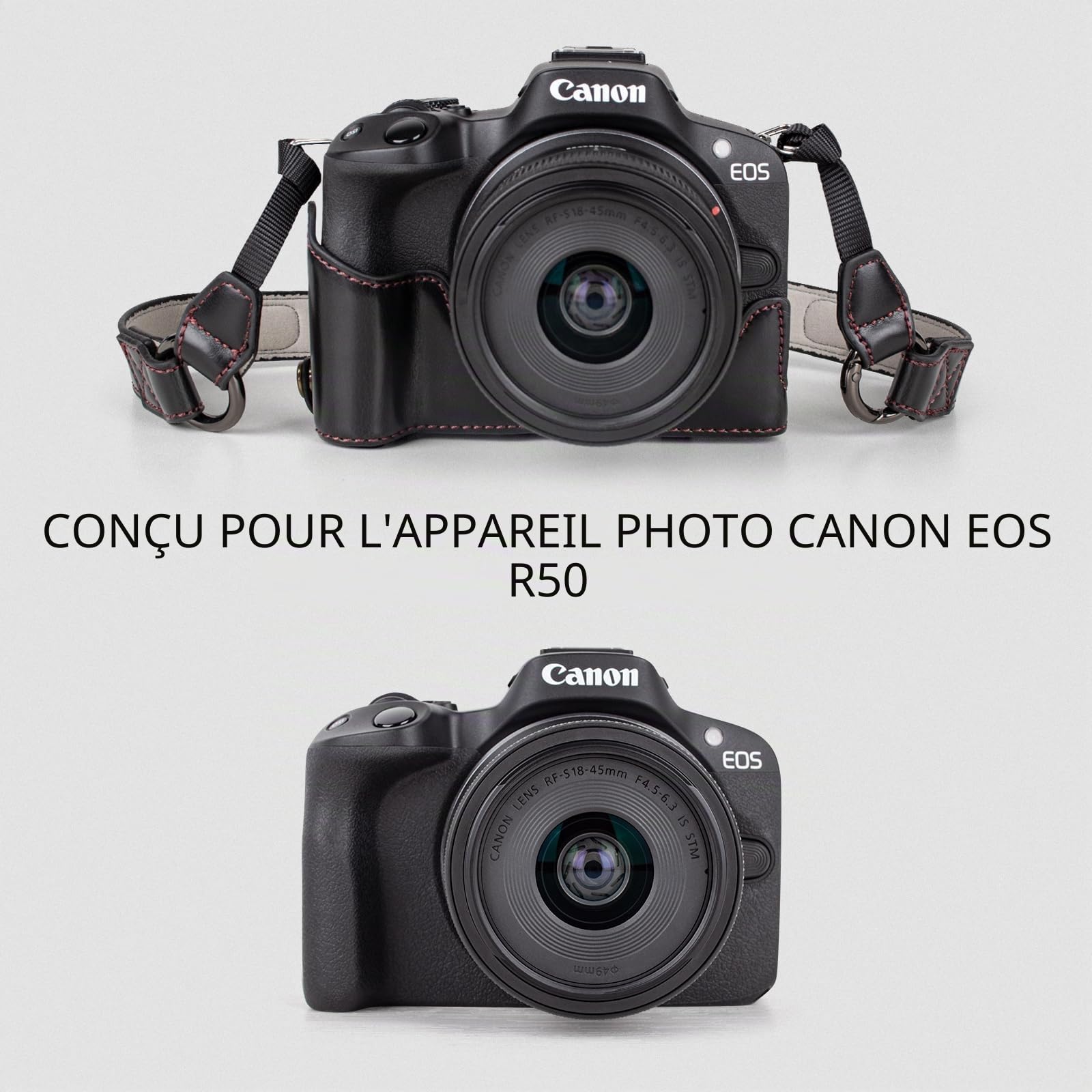 MUZIRI KINOKOO Housse pour Canon EOS R50/R100 et Objectif 18-45 mm, Cuir PU Étui de Protection Accessoires pour Appareil Photo EOS R100/R50 - avec bandoulière et Poche de Rangement Inclus – Noir