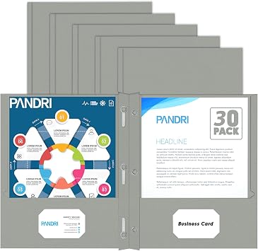 PANDRI 30 Pack Two Pocket Paper Folders with Prongs, Letter Size Grey