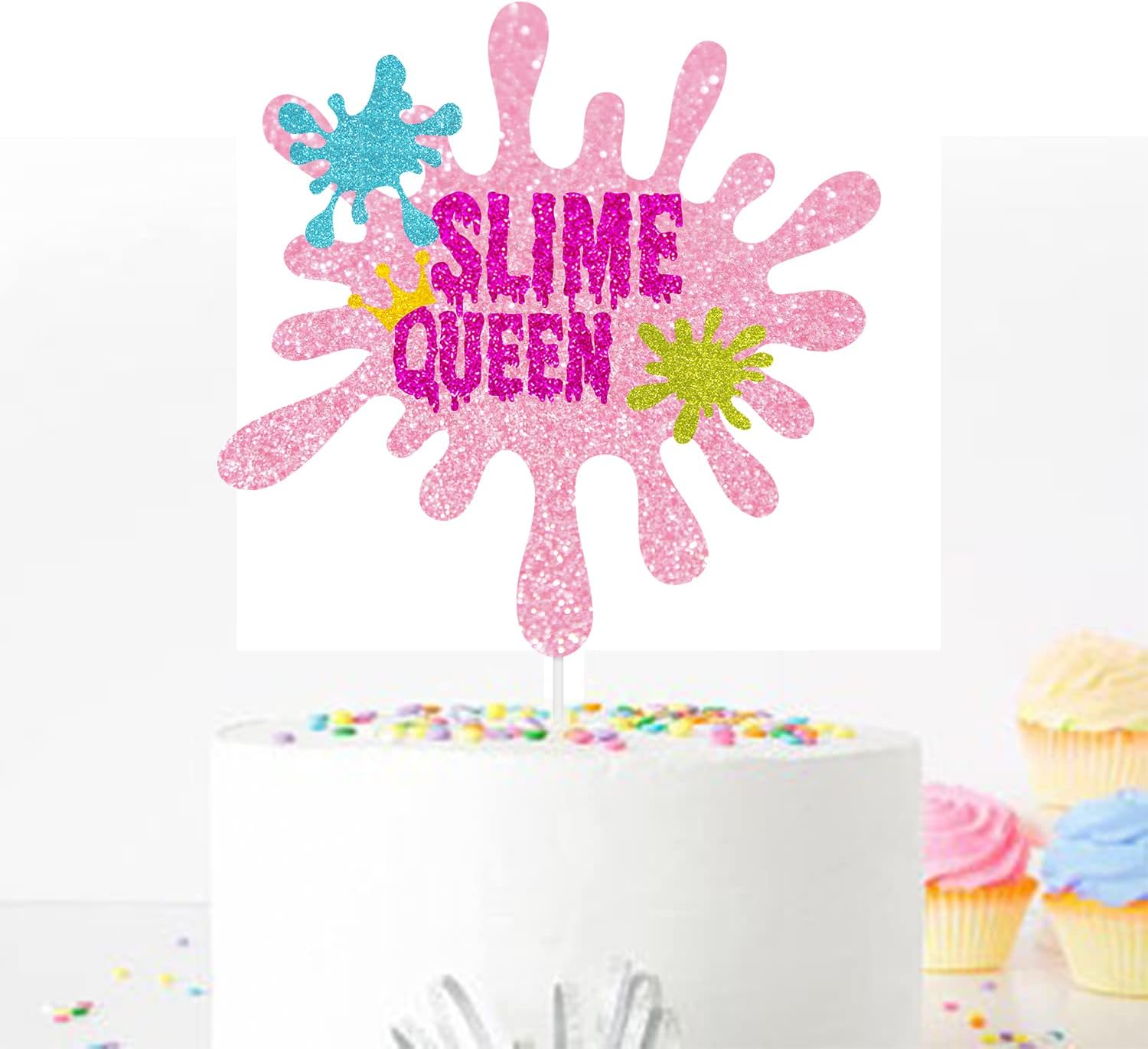 Slime Queen Cake Topper Pink Glitter Happy Birthday Colorful Slime Shape Art Theme Party Decor Picks for Birthday Party Decorations Supplies