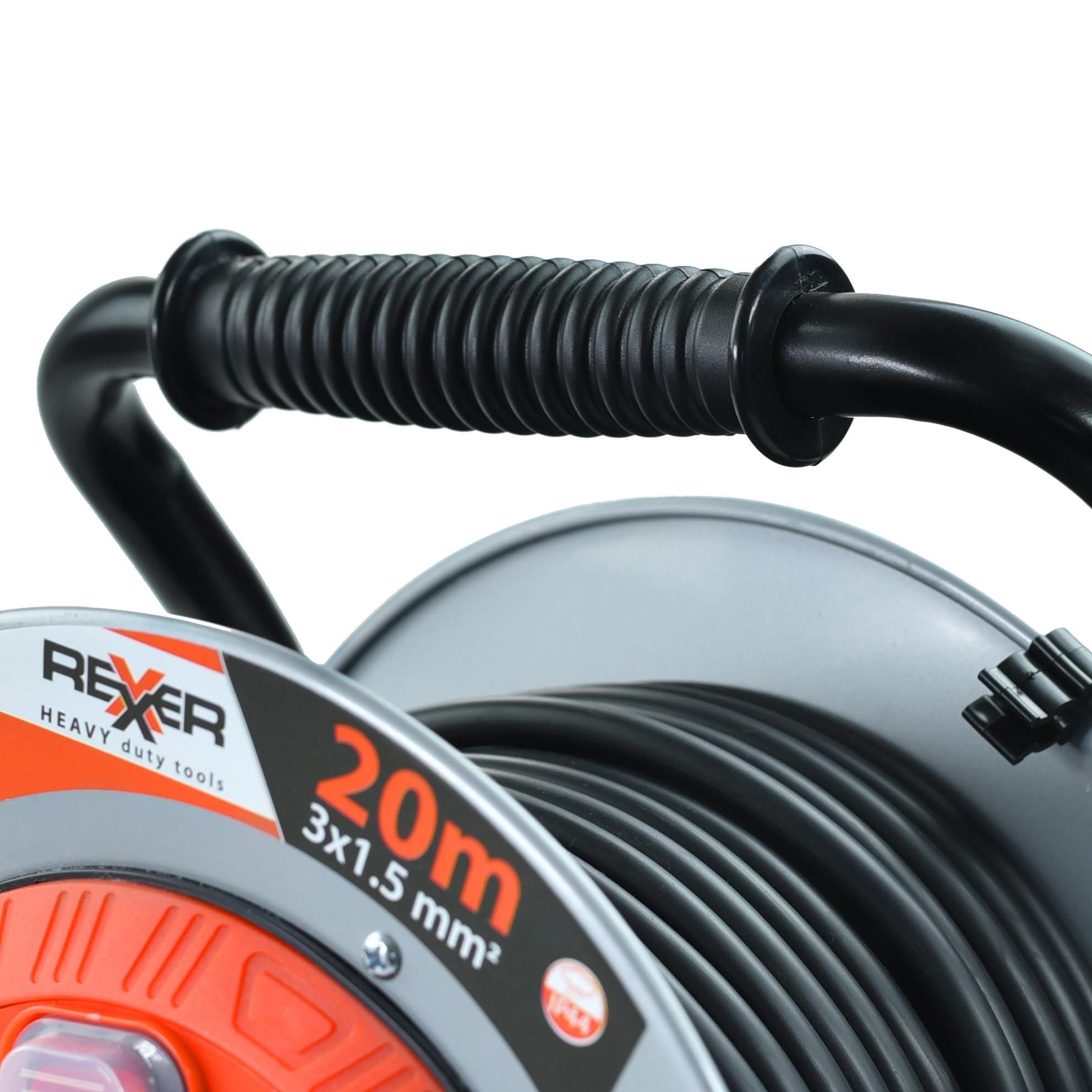 REXXER - Carrete de cable (20 m, metal, IP44, 4 enchufes, tipo E)