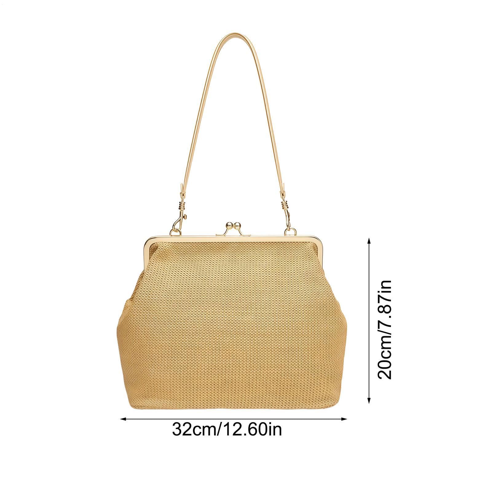 Generisch Bolsa de paja | Retro Big Kiss-Lock Bolso - Trenzado Paja Tote | Verano Viaje Vacaciones Compras Trabajo Gimnasio Primavera Noche Universidad Mercado Semanal