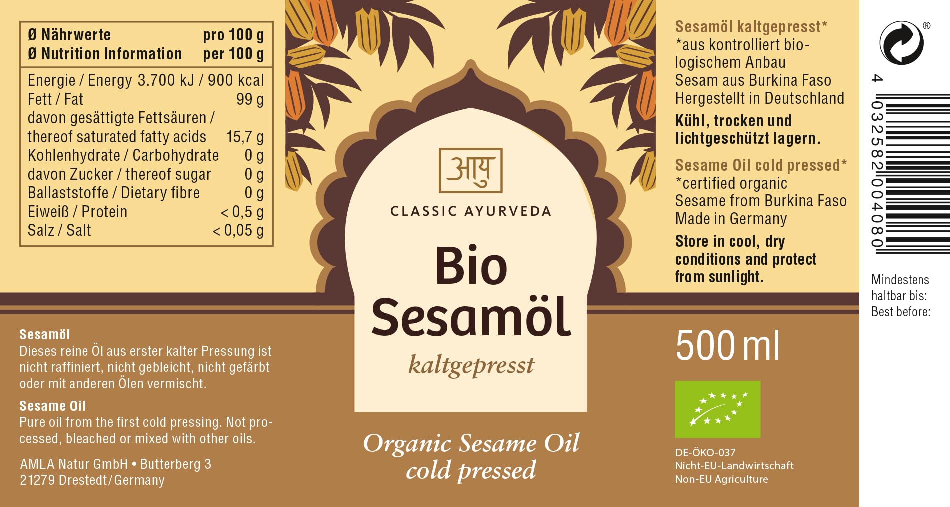 Classic Ayurveda Bio Olio di Sesamo, 500 ML