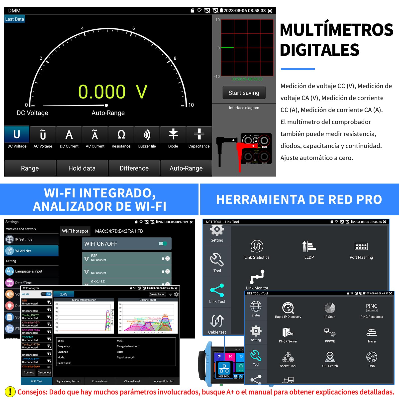 Henkion Tester Probador de CCTV IPC-9800CMADHS Pro, Pantalla Táctil IPS de 7 Pulgadas, Prueba IPC 8K y CCTV 4K 8MP HD-TVI CVI AHD SDI, Multímetro, RJ45, Probador de Cables PoE HDMI VGA WiFi RS485