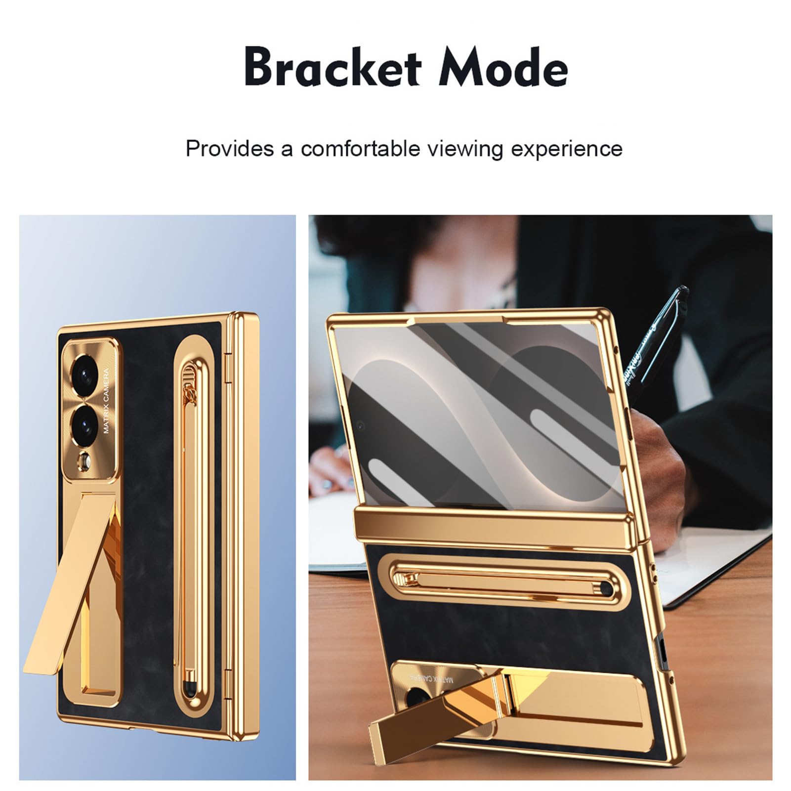 Per Samsung Galaxy Z Fold 8 Custodia Placcata, Stand, Penna, Cerniera | Cover leggera di lusso con stand nascosto e penna. Placcata, anti-macchia, assorbimento urti(Brass)