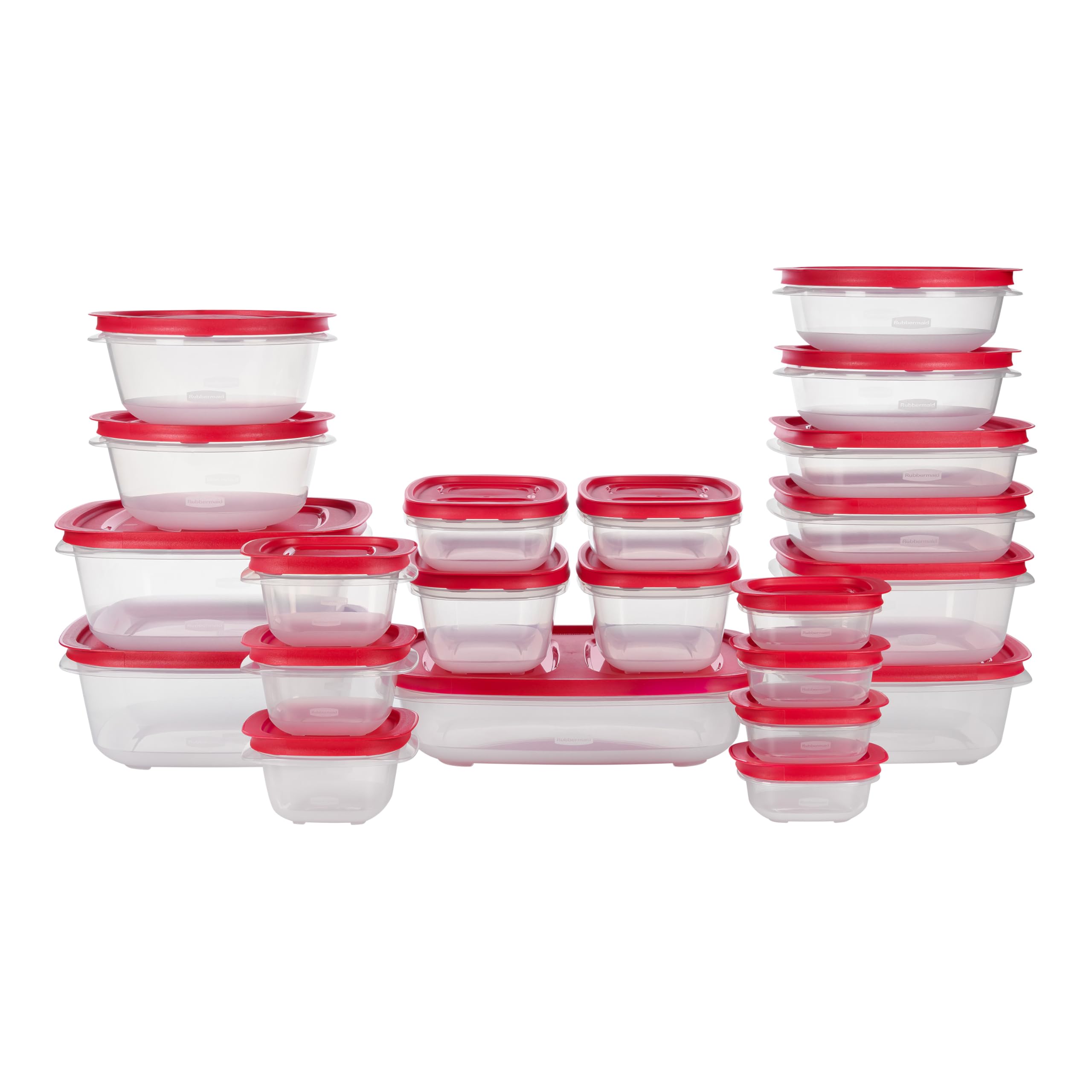 Rubbermaid EasyStore 44-piece plastic food storage containers set with stacked containers and lids