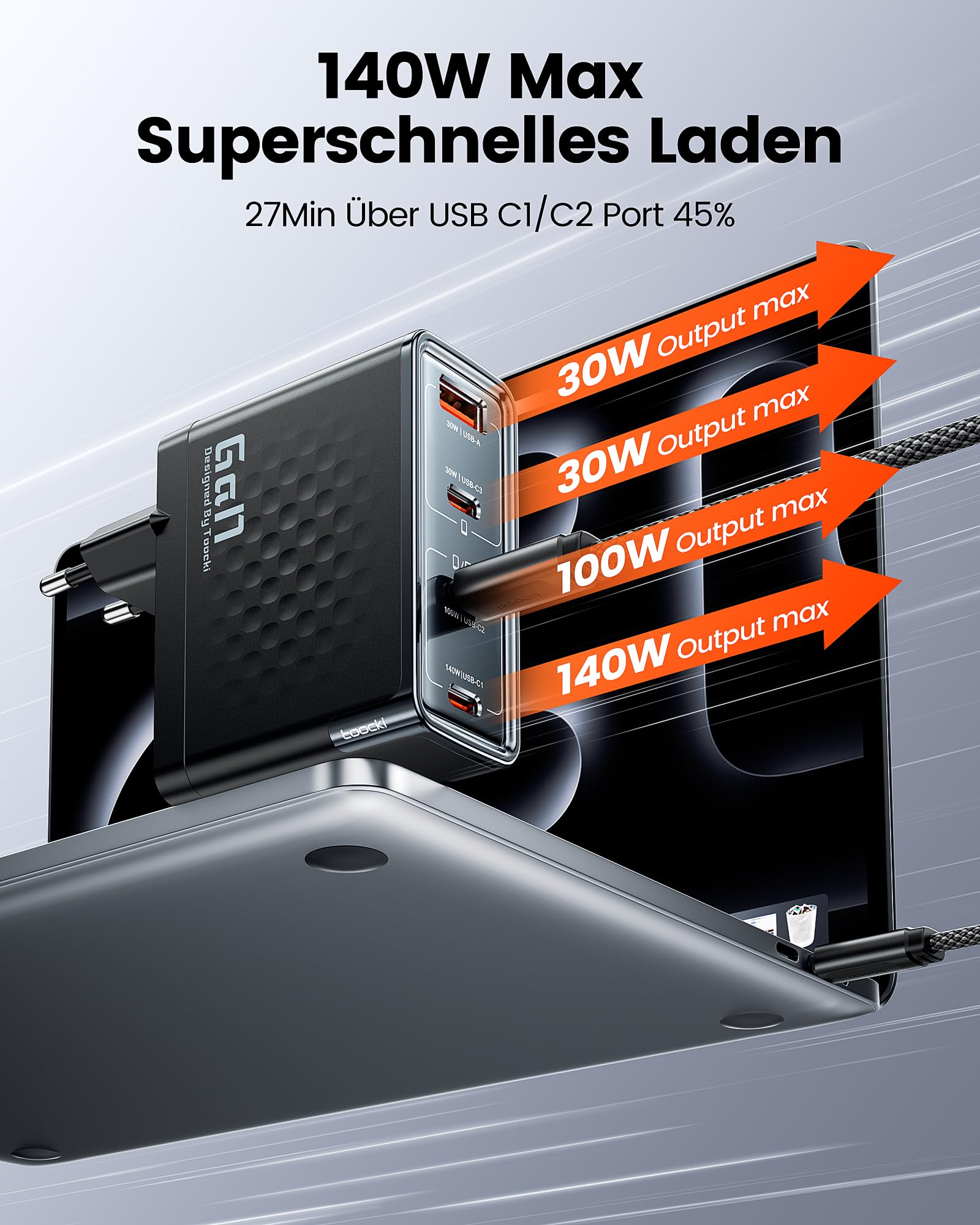 toocki 140W 4-Port USB C Ladegerät Mehrfach PD3.1 GaN Schnellladegerät