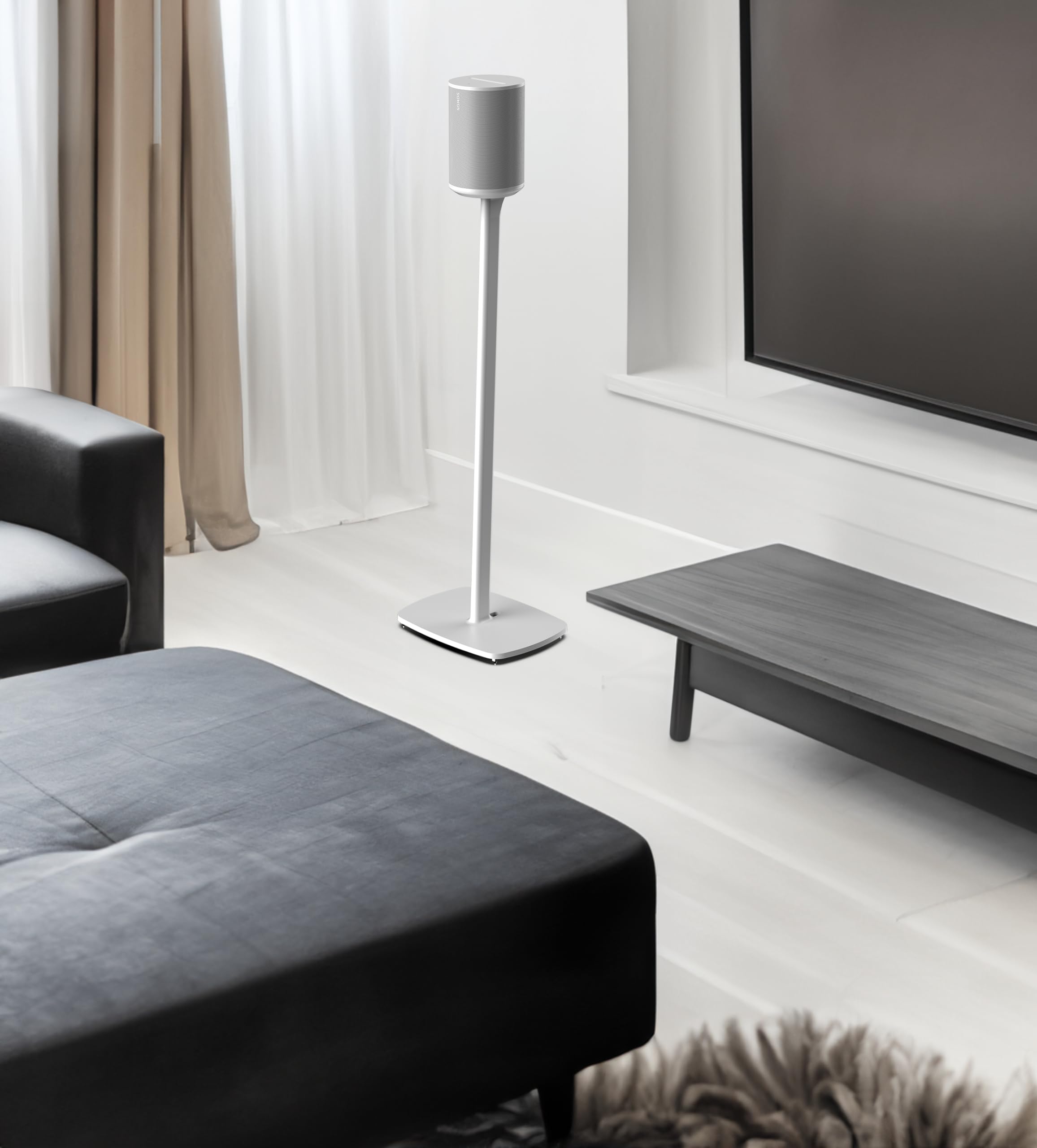 Flexson Stojak podłogowy do Sonos ERA 100, pojedyncze opakowanie w kolorze białym do miękkich i twardych podłóg + przedłużacz i zarządzanie kablami