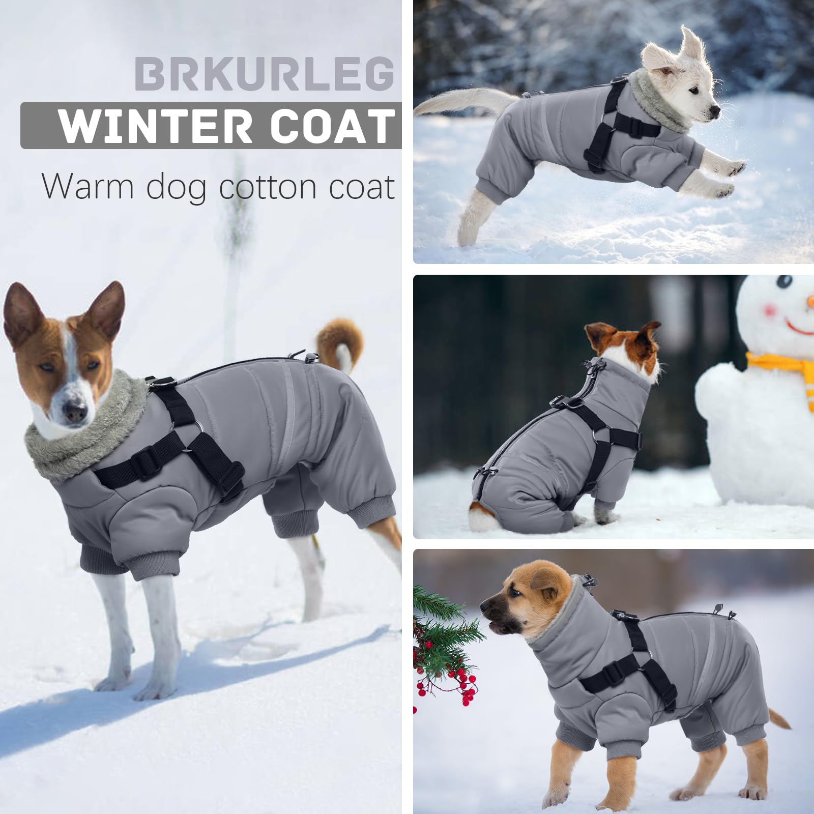 BRKURLEG Cappotto invernale per cani grigio, accogliente giacca invernale per cani, con imbracatura, calda per cani, cappotto natalizio per cani, riflettente per animali domestici, antivento, caldo