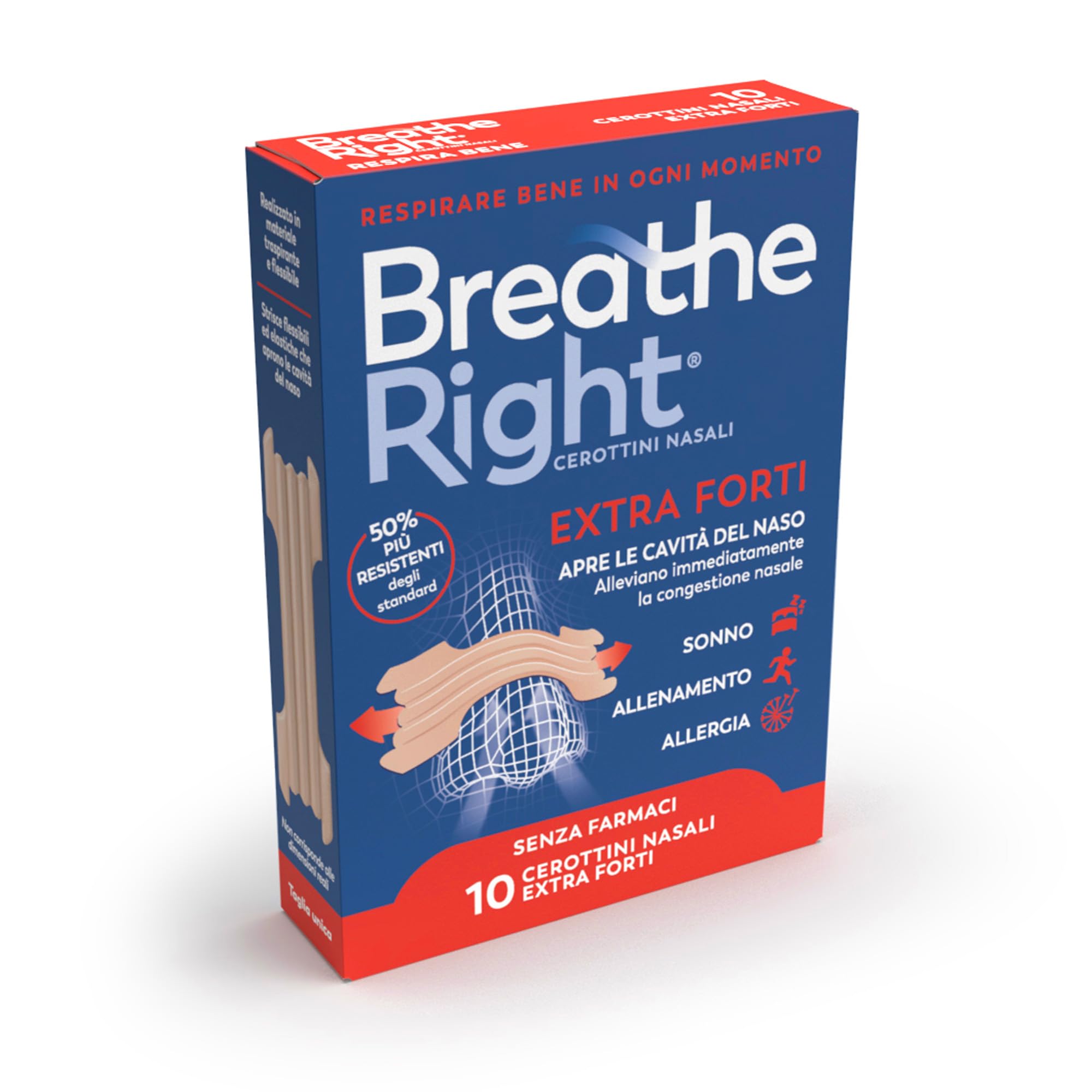 Breathe Right Cerottini Nasali Classici Extra Forti - Strisce Nasali Ultra-Resistenti per Respirazione Libera, Diminuzione Russamento & Naso Chiuso - Taglia Unica - Confezione da 10 Pezzi