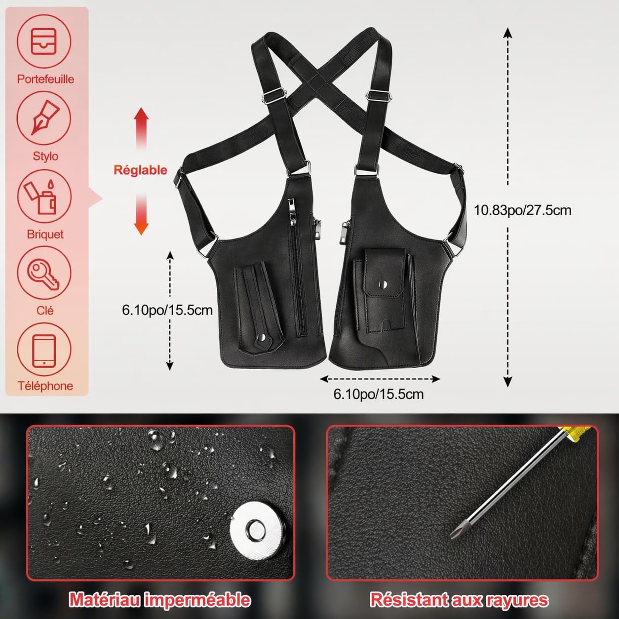 Générique Sac Bandoulière Double Homme, Sac De Harnais D'épaule, Harnais Antivol Cuir Homme,Sac à Bandoulière Double avec Réglable Étui Antivol pour Portefeuille et Téléphone