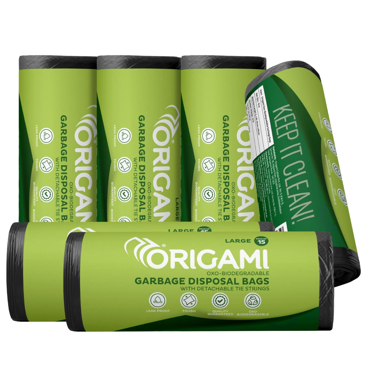 Origami Garbage Bags for Dustbin | Large Size Trash Bags 90 Count (15 Bags x 6 Rolls) | 24 x 32 Inch Strong Disposable Waste Bag | Suitable for Wet & Dry Waste - Black