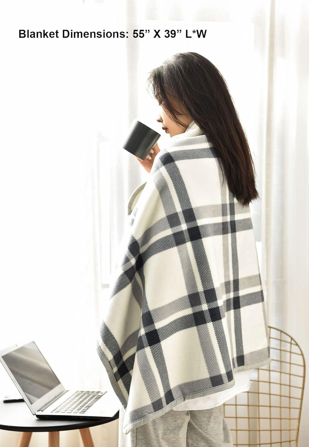 Fleece Wearable Blanket 55 x 39 Shoulder Wrap Blanket for Sofa, Couch (Grey-White) - Image 5