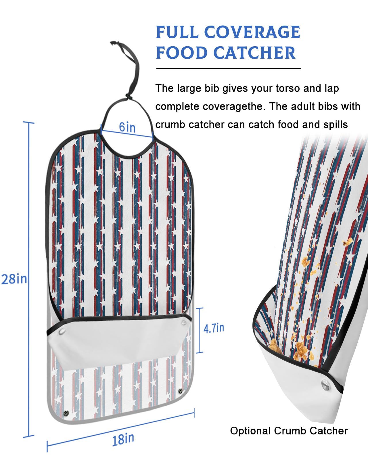 Adult Bibs for Elderly Women - 4th of July Striped Waterproof Dining Clothing Protectors with Crumb Catcher for Eating/Feeding, Independence Day American Star Terry Cloth Bib Machine Washable