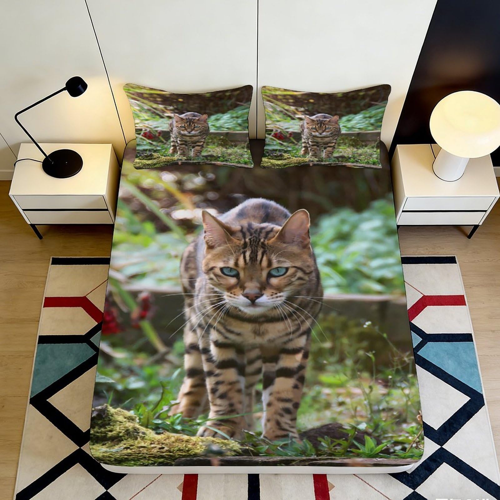 3D Printed Bengal Cat Fitted Sheet Microfiber Soft Breathable Wild Cat Bed Cover for Bedroom Dormitory Guest Room Mattress Protection Decor 140x200x25cm