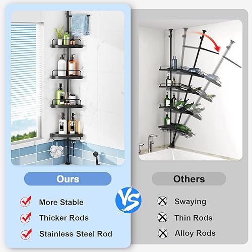 Miniatura 3 de Poste de tensión de esquina para regadera organizador de almacenamiento de champú de 4 niveles a prueba de óxido para ducha interior - Estante de